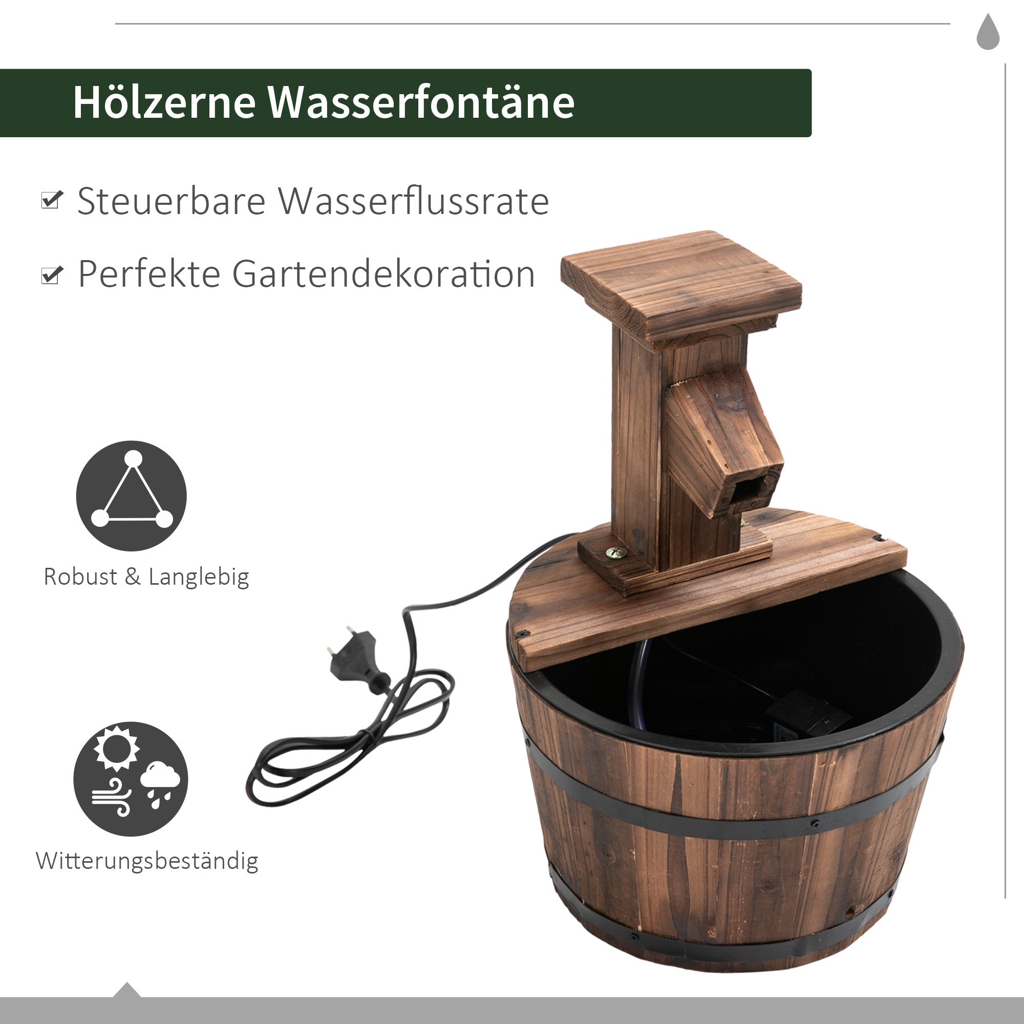 garden fountain decorative barrel waterfall fir wood and metal dark brown
