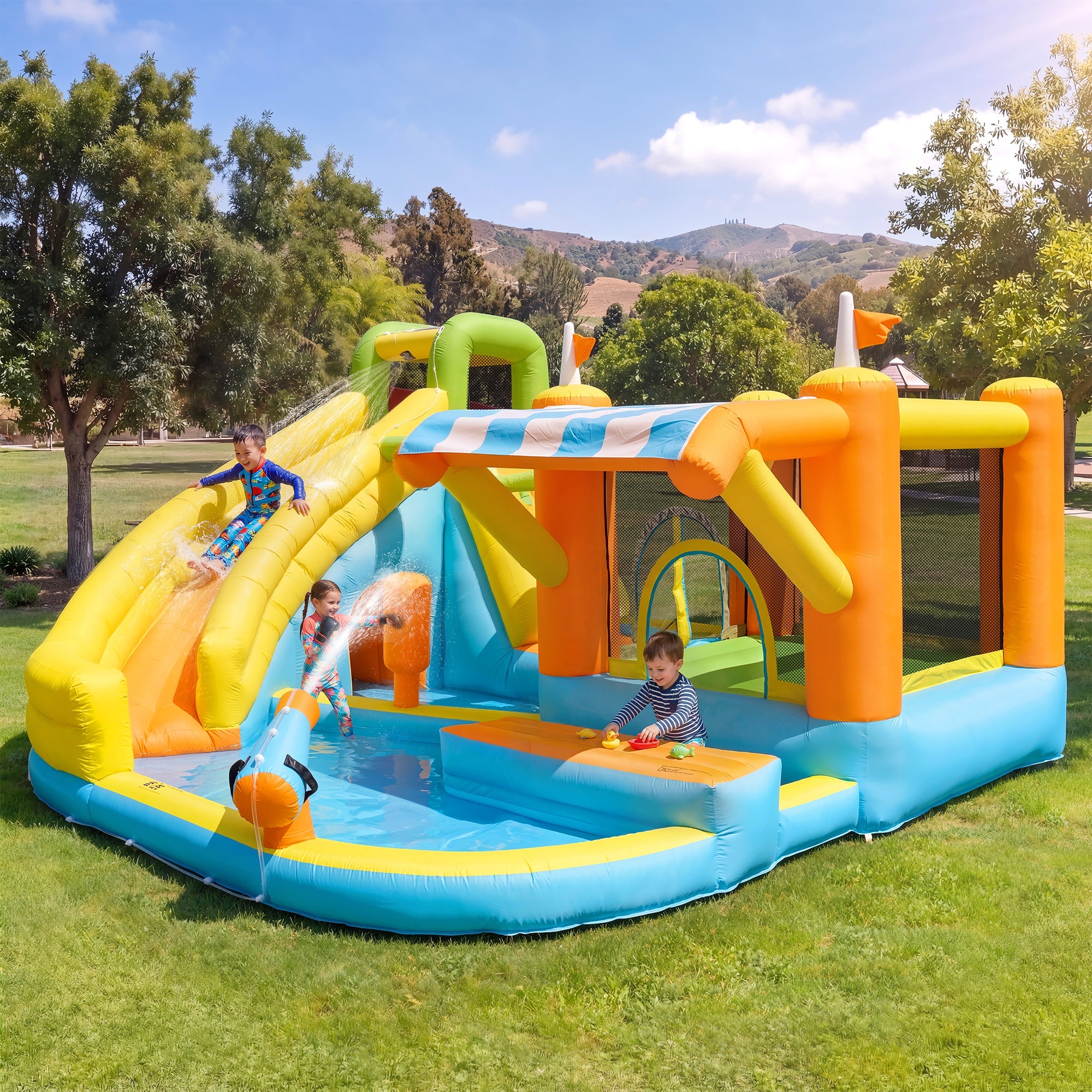 Inflatable Bouncy Castle Water Park with Slide, Pool and Blower, 433x375x165cm, Multicolor Outdoor Garden Toy