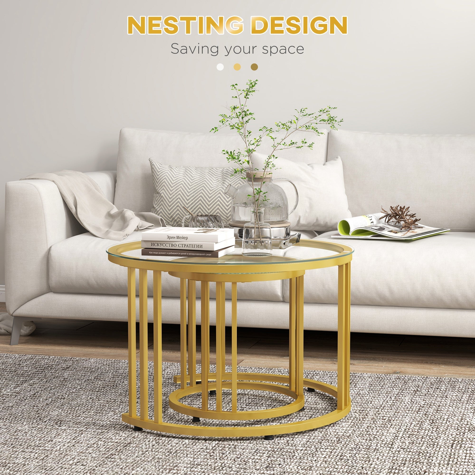 Round Coffee Tables Set of 2, Nesting Tempered Glass Top Steel Frame, Gold Tone