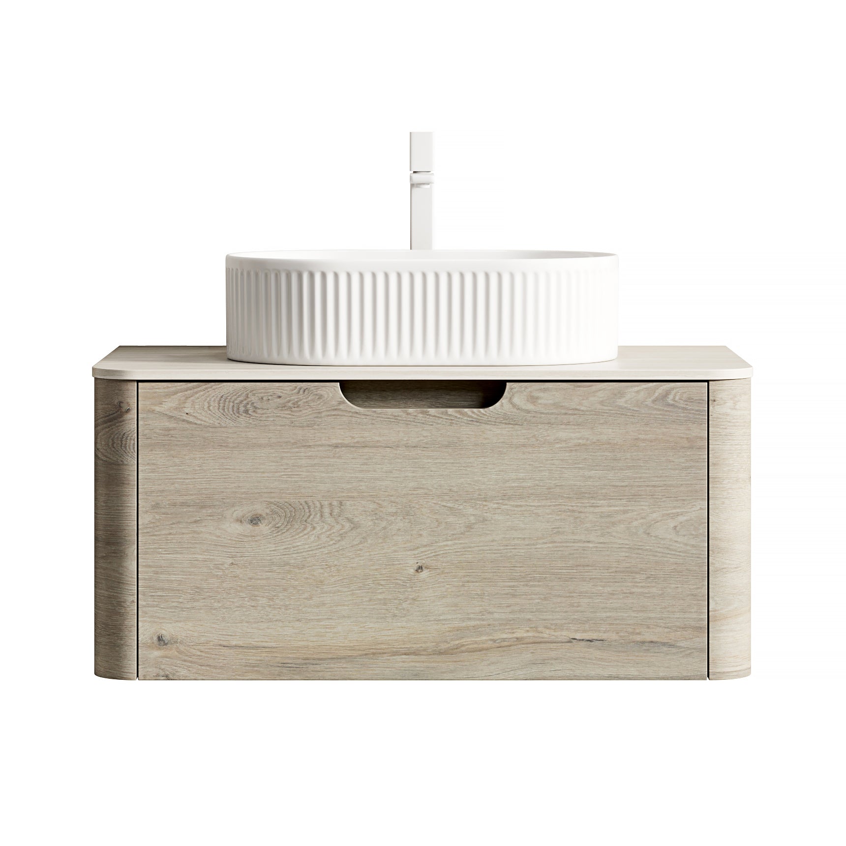Floating Bathroom Vanity with Oval Sink and Sintered Stone Top, Oak Cream Wood Grain