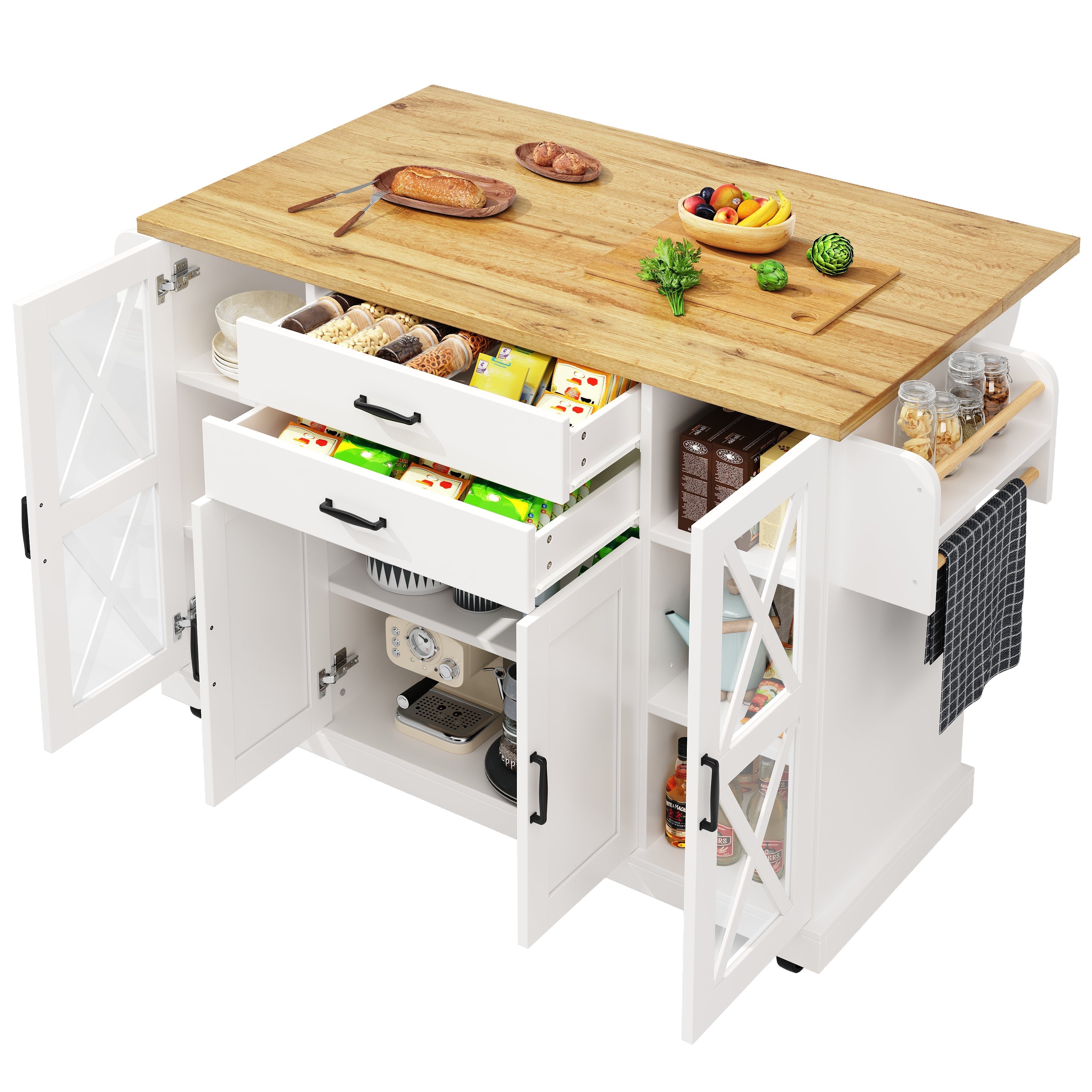 Mobile Kitchen Island Serving Trolley 4 Doors Glass Drawers Adjustable Shelves - White