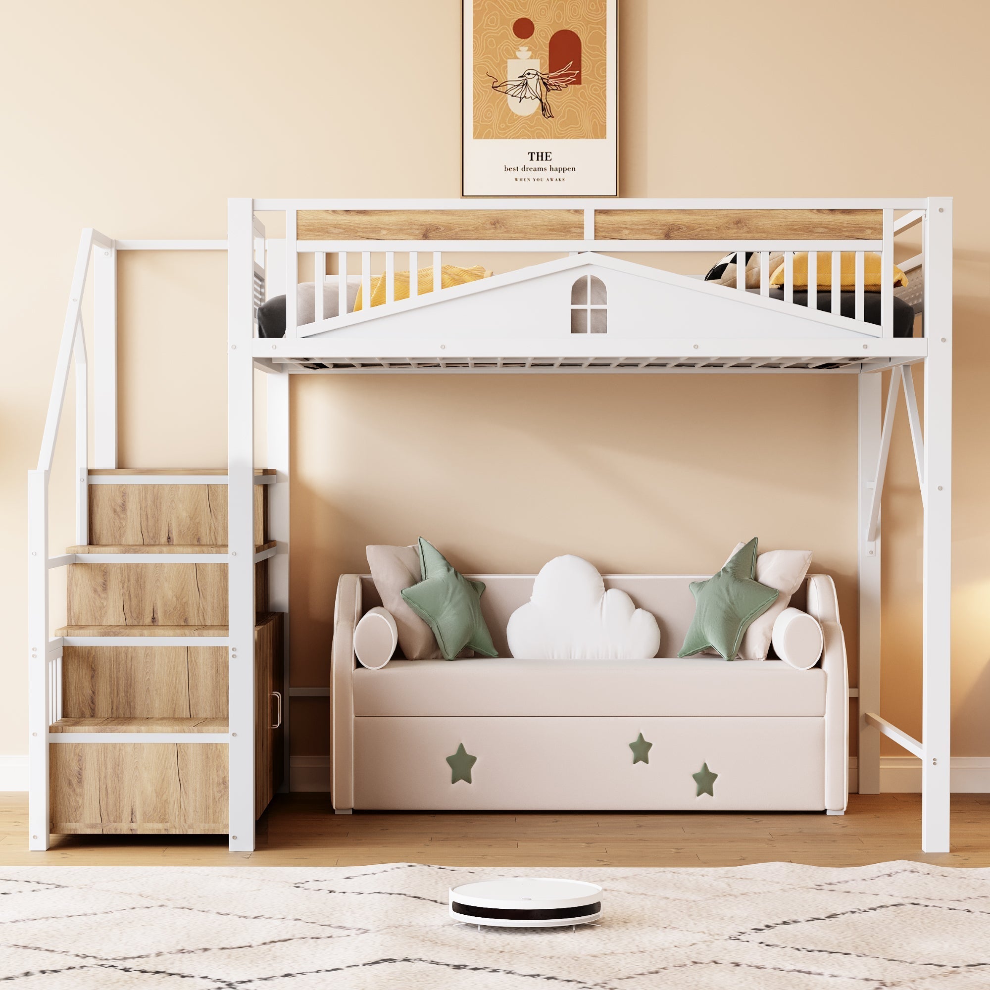 Metal Loft Bed 140x200cm Safety Enclosure with Window & Ladder Locker, White
