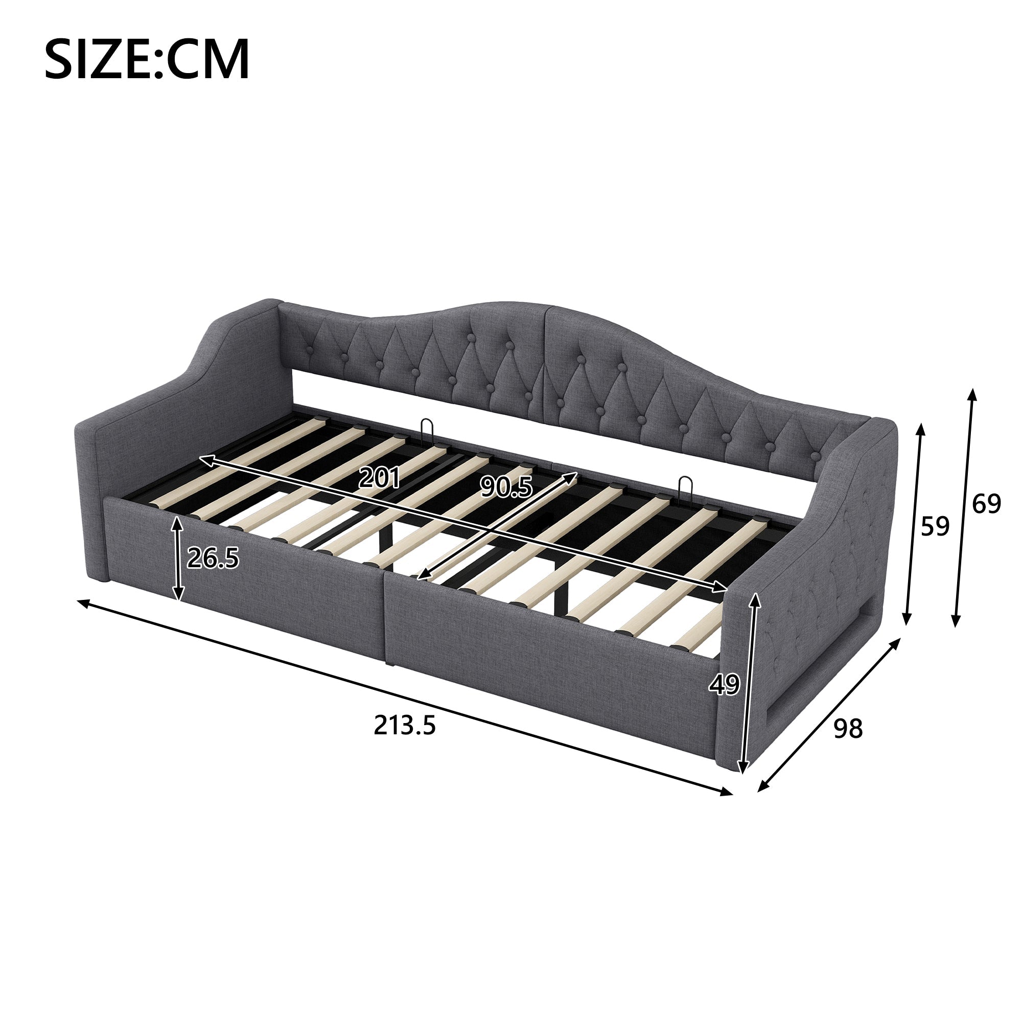 Daybed Upholstered 90x200 LED Storage - Grey