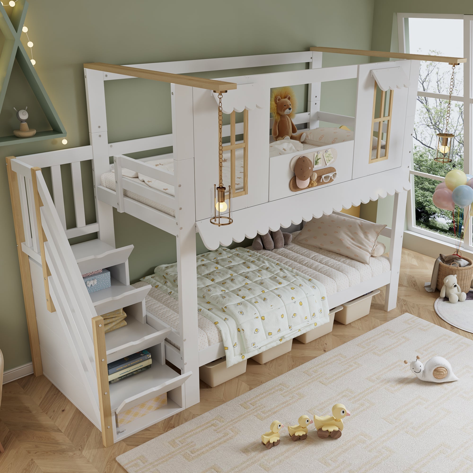 Bunk bed, children's bed with storage stairs, exquisite windows, wavy roof edge, white + natural