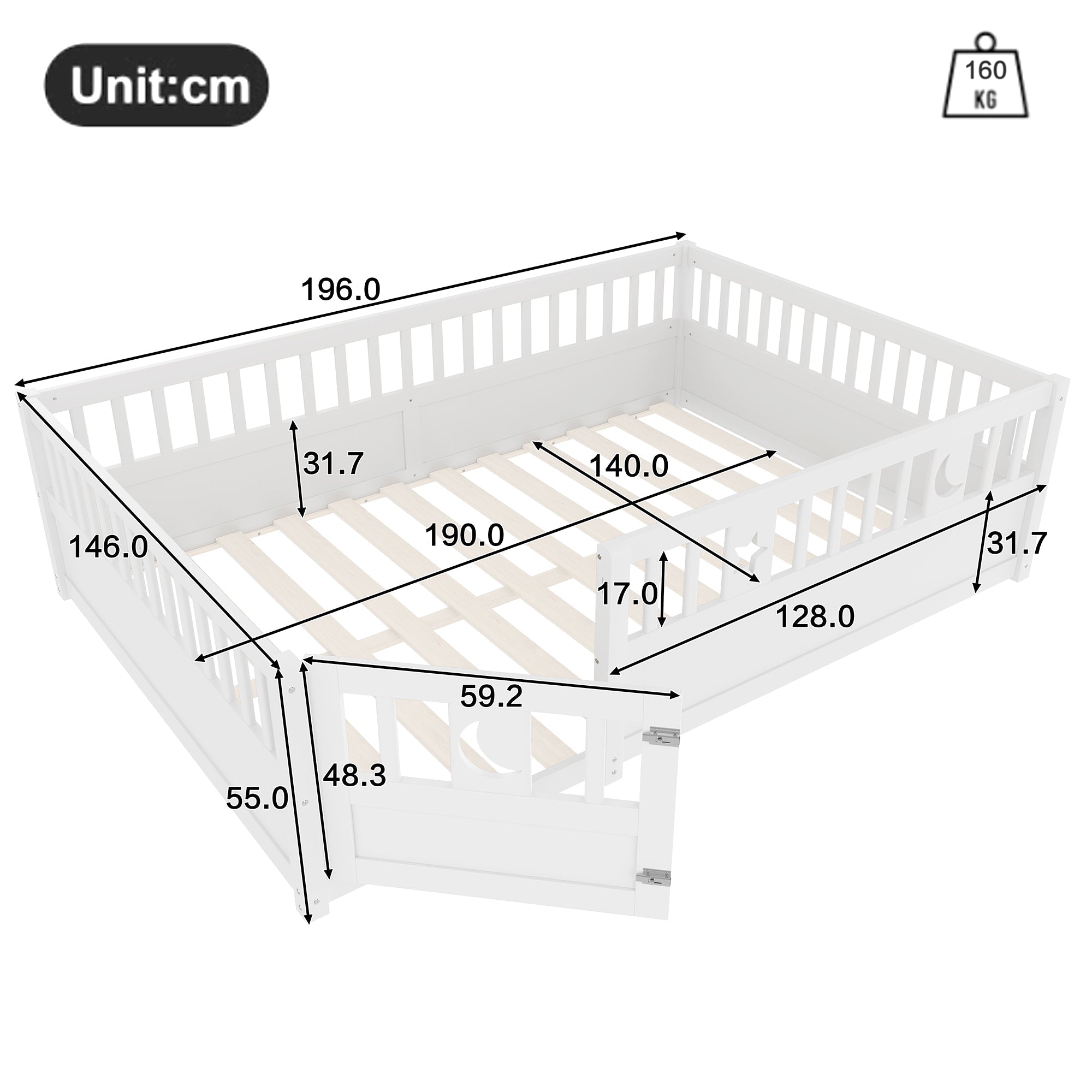 Panel Bed 140x190cm Children's Railing Star & Moon - White