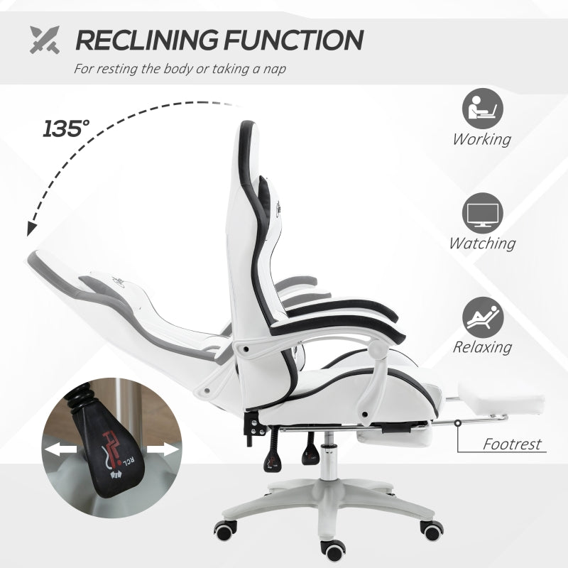 Computer Gaming Chair with Footrest, 135° Reclining Back, Lumbar Support, PU Leather White and Black