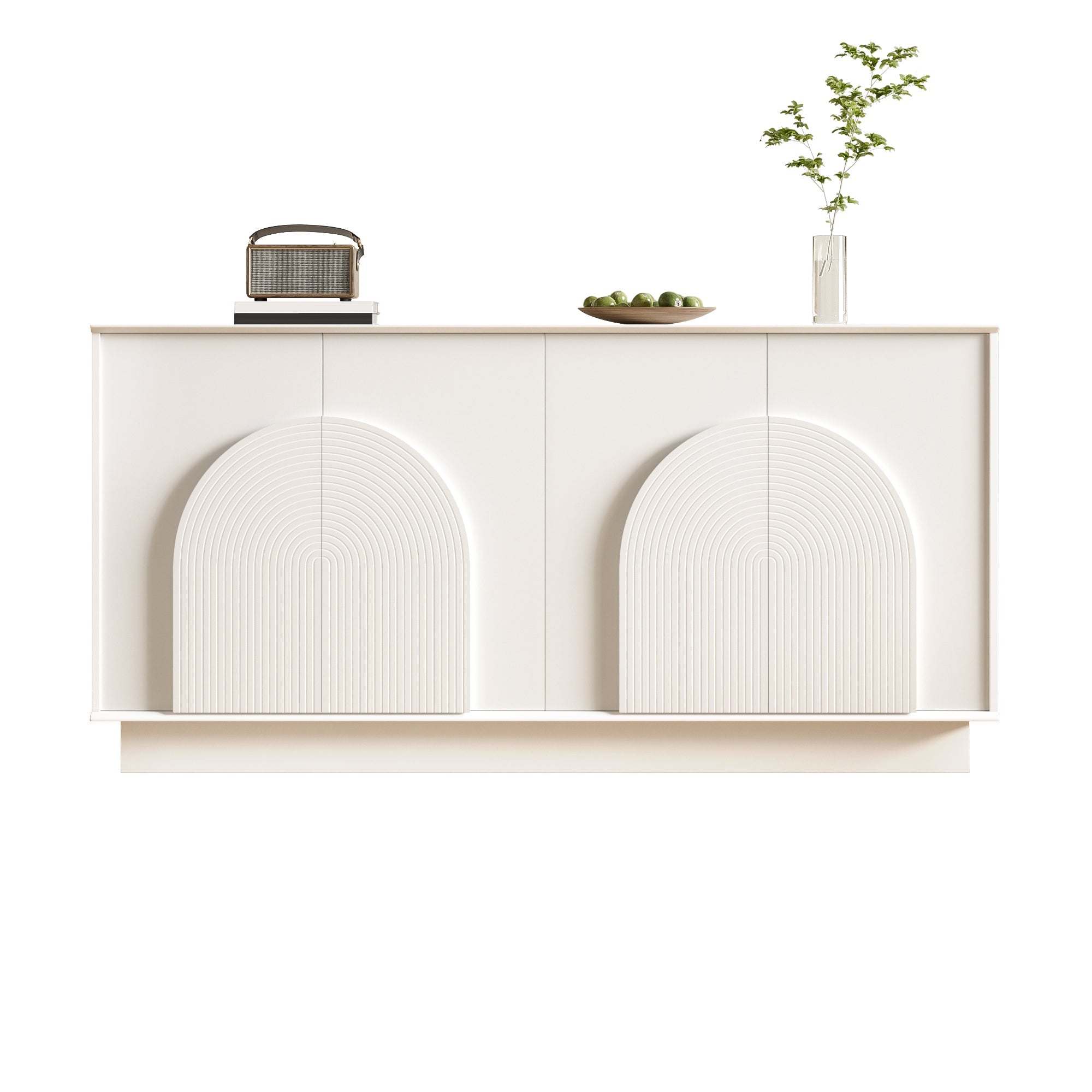 Modern Sideboard with Curved Doors, 4-Door Storage Cabinet for Living Room & Dining Room, White MDF with Matte Finish