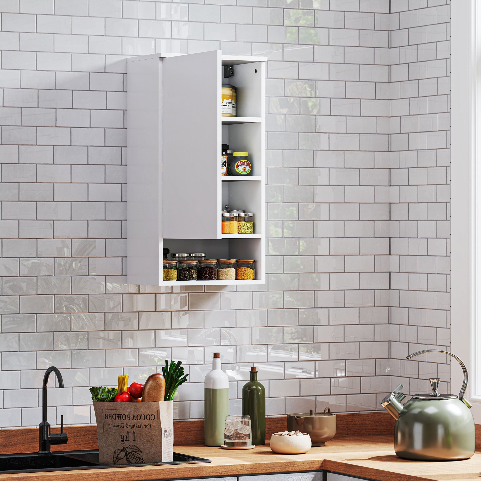 Wall Cabinet with Doors, Adjustable Shelves, Open Compartment, Wall Mounted, White
