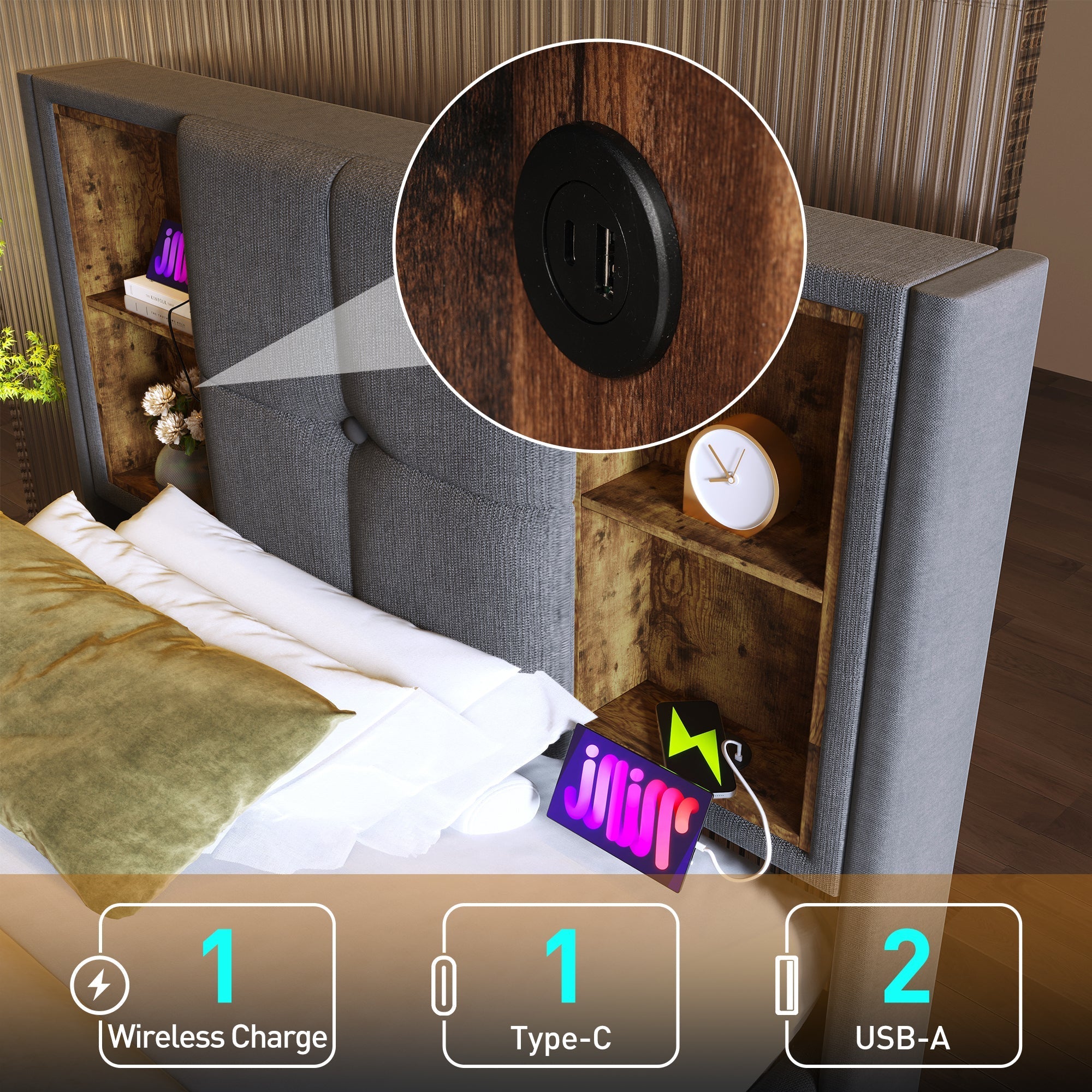 Single Bed, Wireless Charging USB C, 90x200cm with Storage, Wood-Grey Cotton