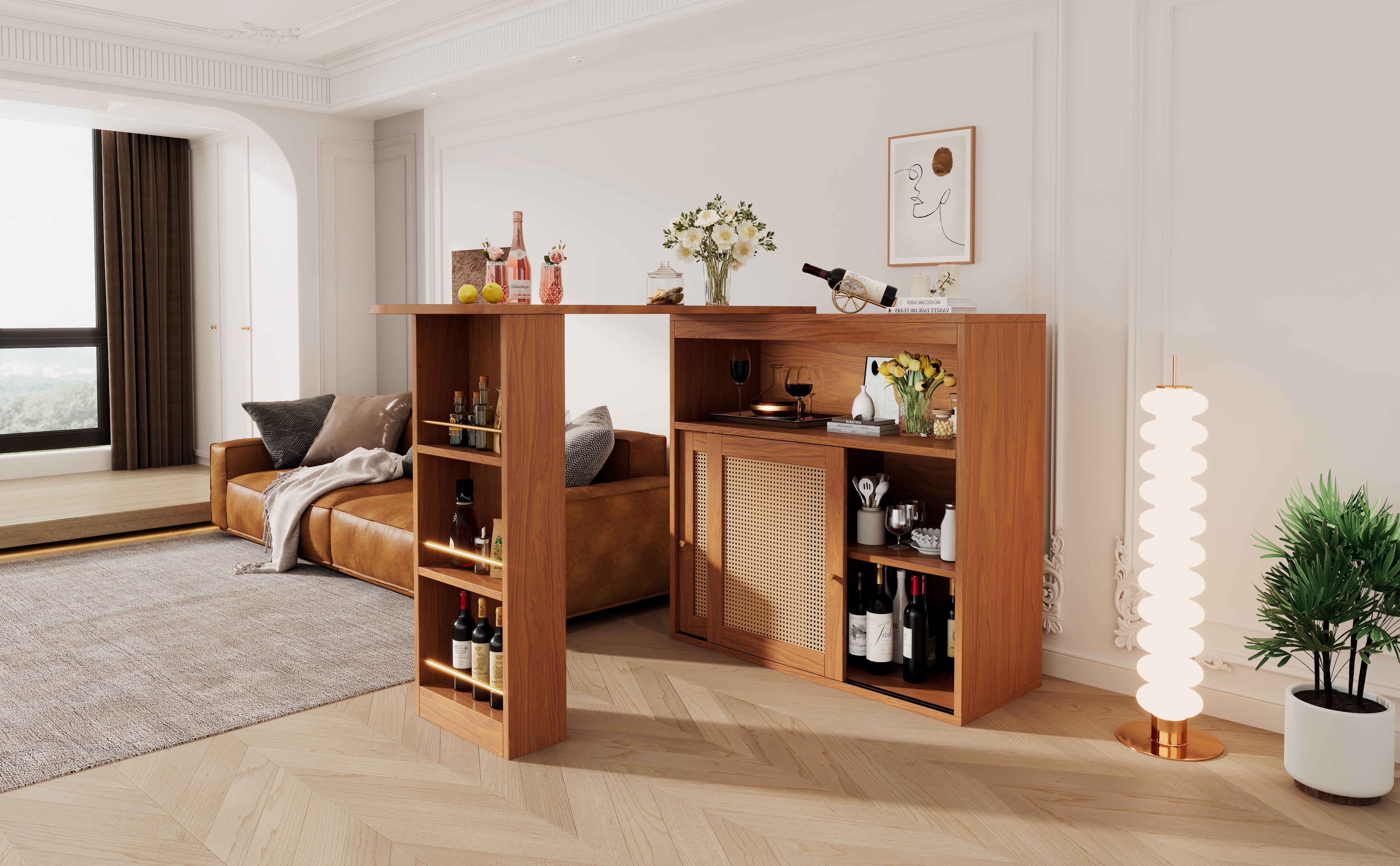 Extendable Bar Table, Adjustable Shelves Rattan Weave