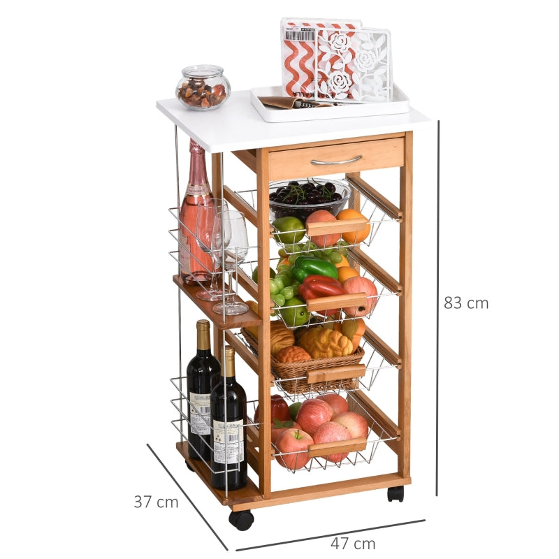 Rolling Kitchen Cart, 4 Basket Drawers Side Racks Wheels, Brown