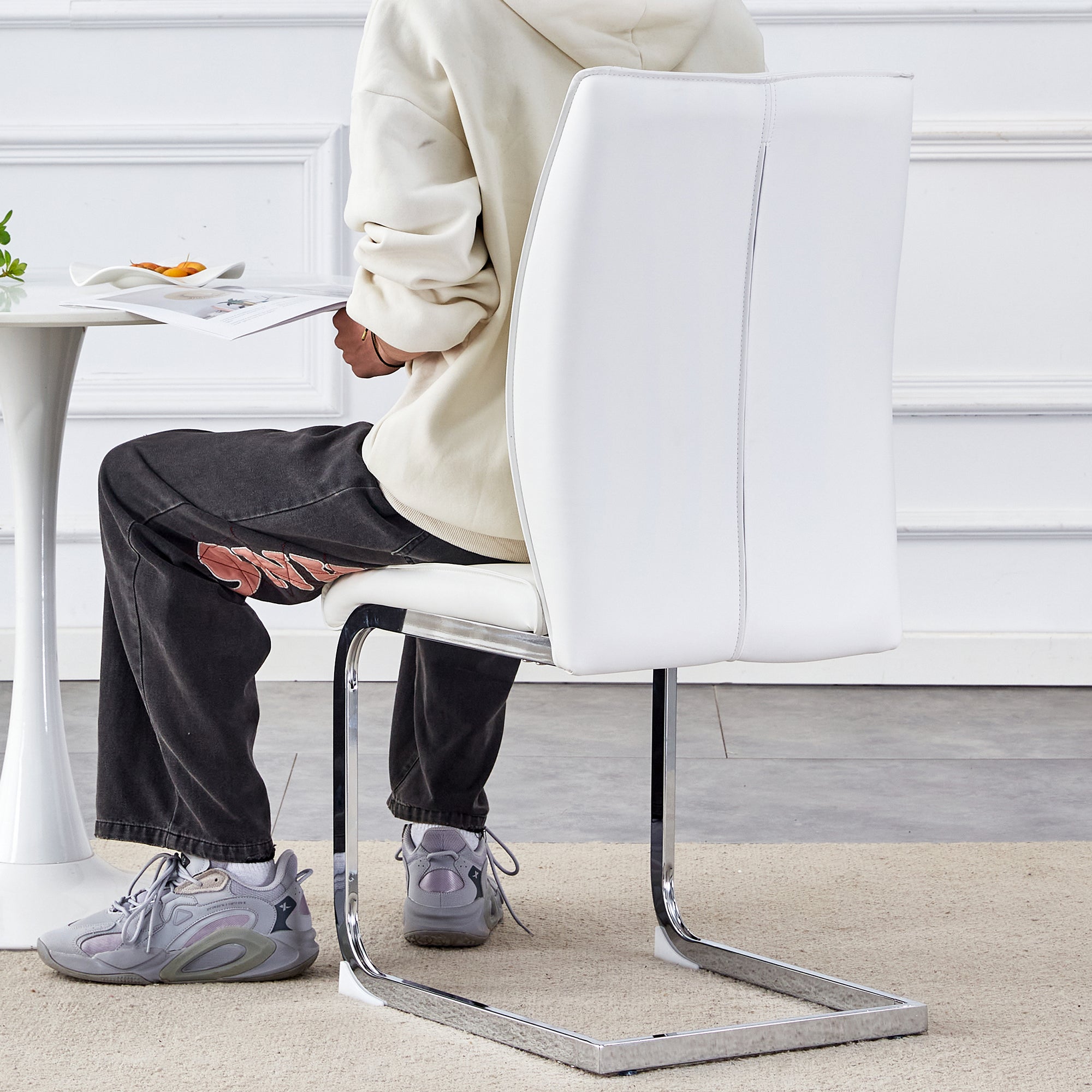 Chairs Set of 2 Elegant Modern PU Comfort Cushion Silver Metal Legs - White