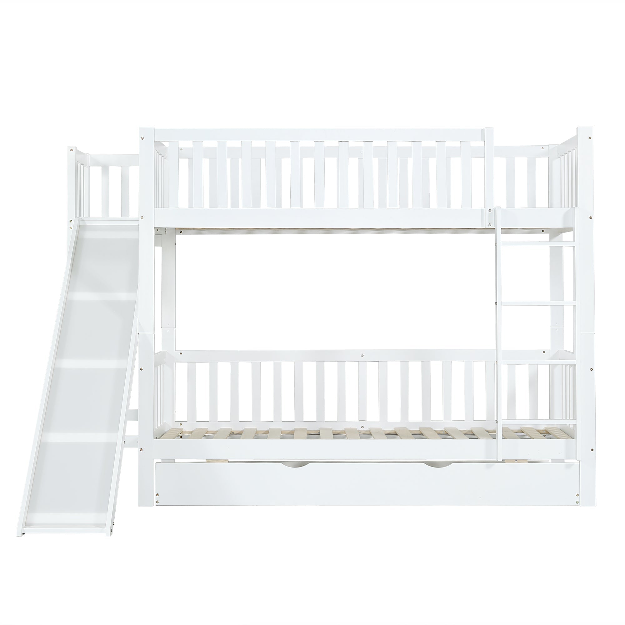 Bunk Bed with Trundle, Slide & Shelves, Pine + MDF White