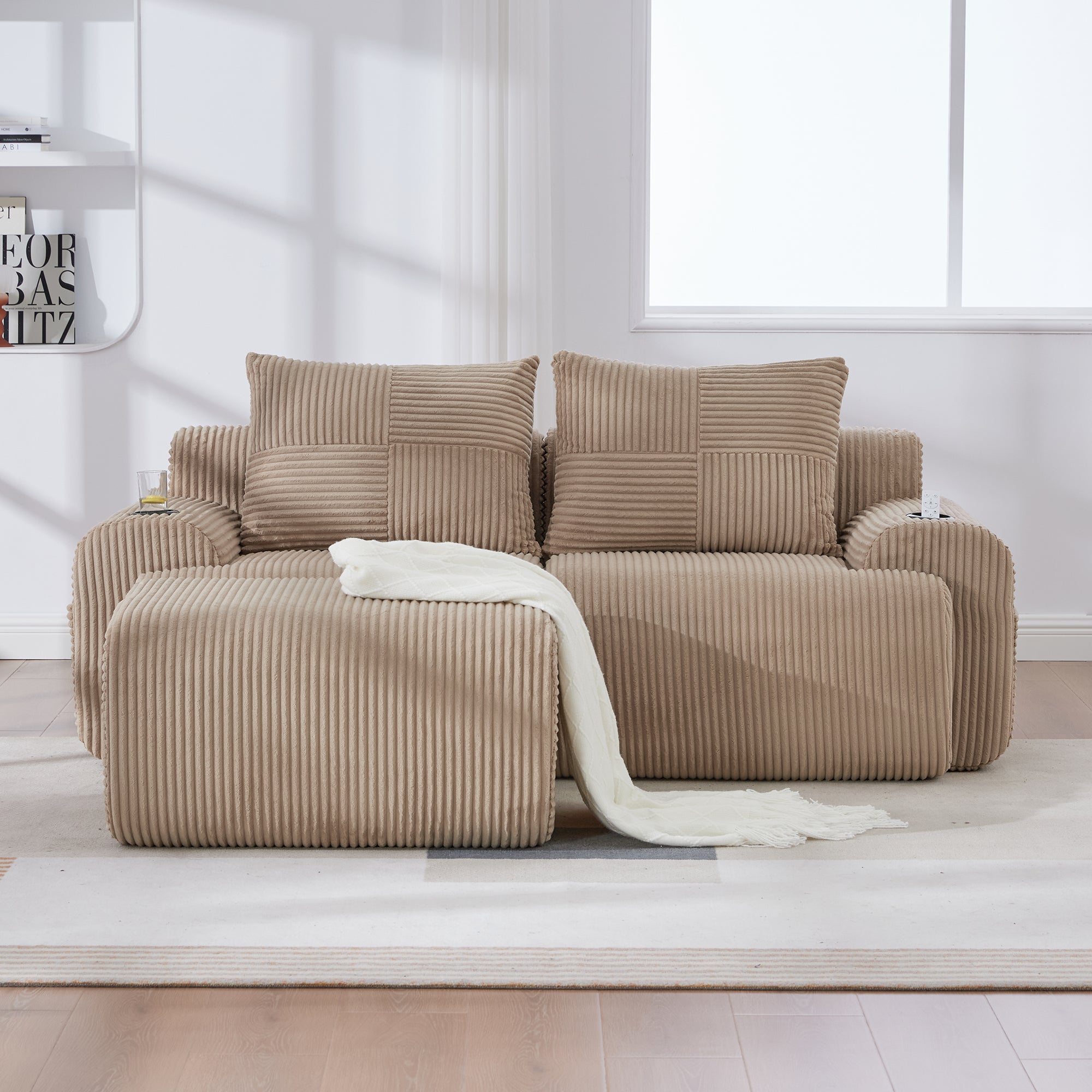 Modular Corduroy Sofa with Ottomans, Cup Holder and Side Pocket, Khaki