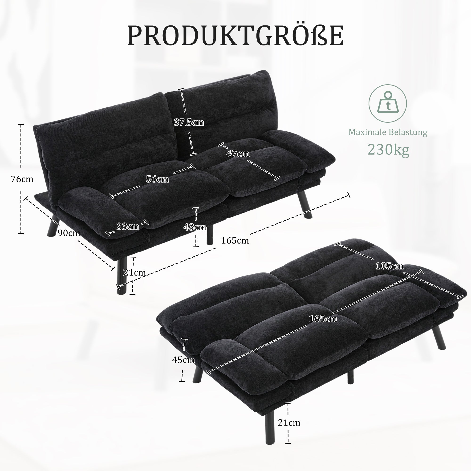 Two-Seater Sofa, Ergonomic Adjustable Breathable, Chenille/Metal