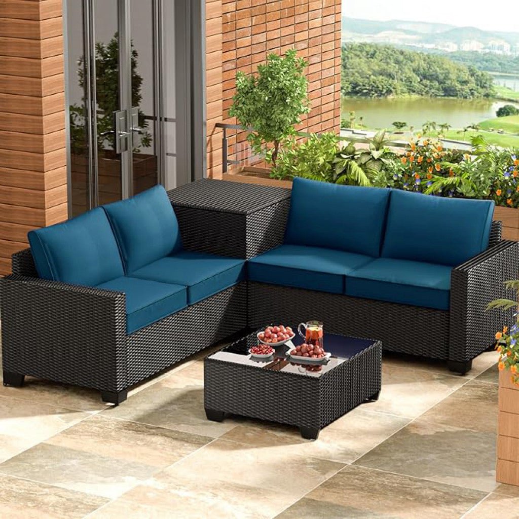 Cappani Corner Sofa Set with Peacock Blue Cushions (Black) - Rathwood Store