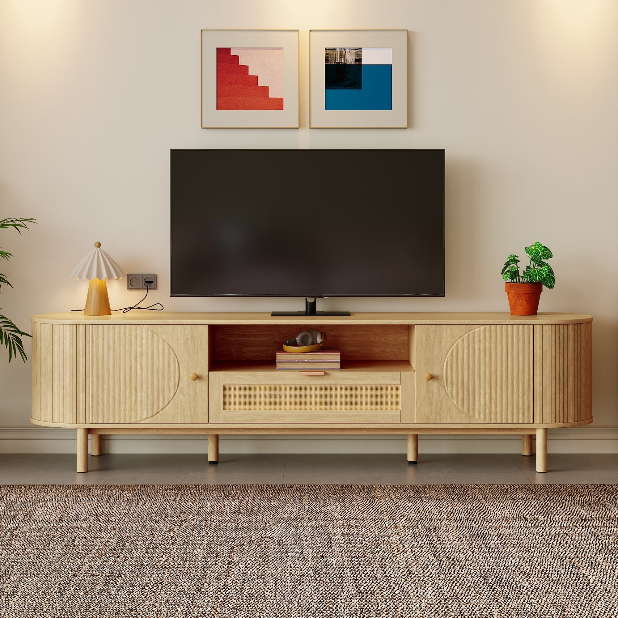 Modern TV Cabinet, Rattan Drawers Open Compartments Rounded Top, Wood Look Metal Legs