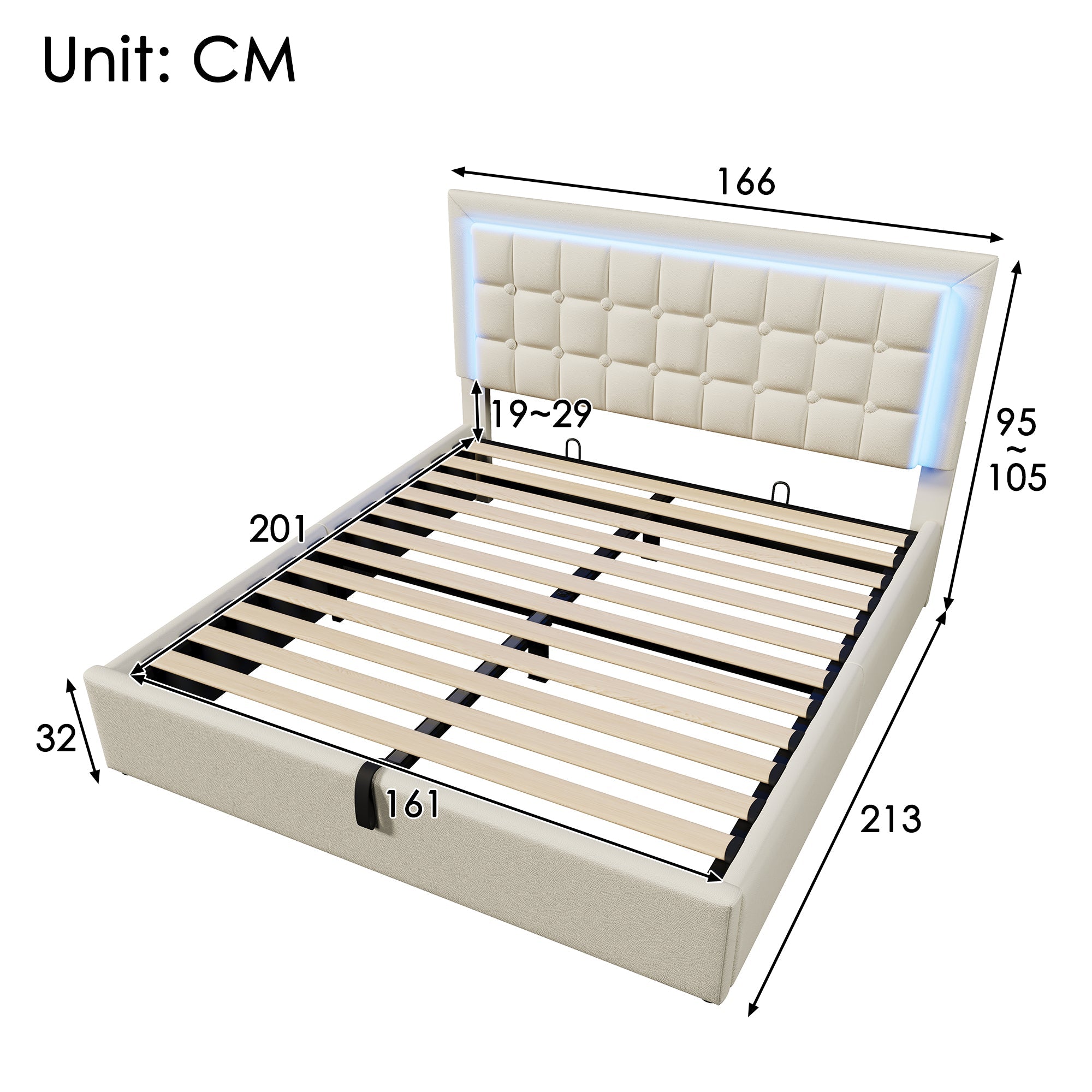 Upholstered Bed with LED Lighting, Storage and Slatted Frame, 160x200cm, White Faux Leather