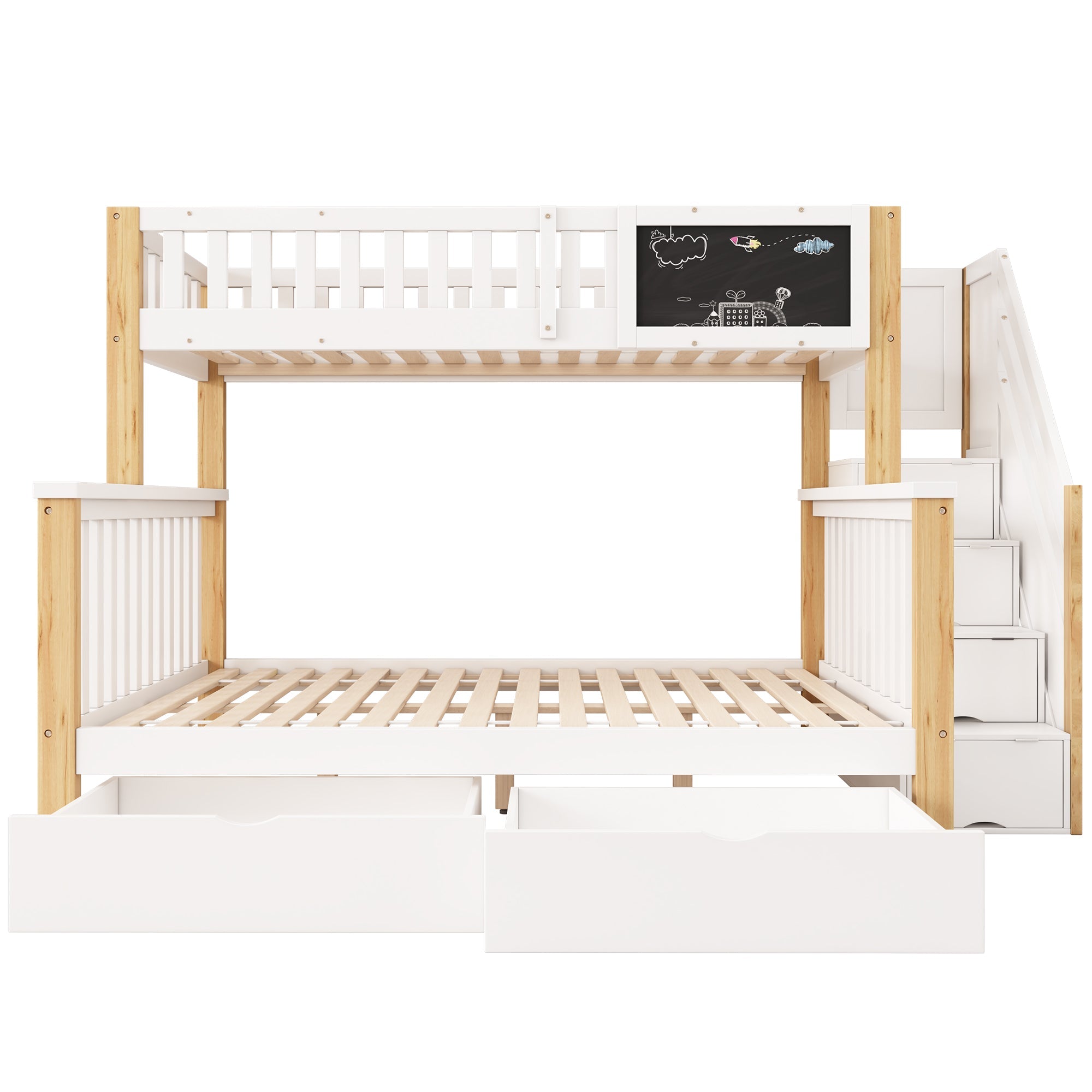 Children's Bunk Bed Multifunctional Chalkboard Drawers 90x200/140x200 - White/Light Oak