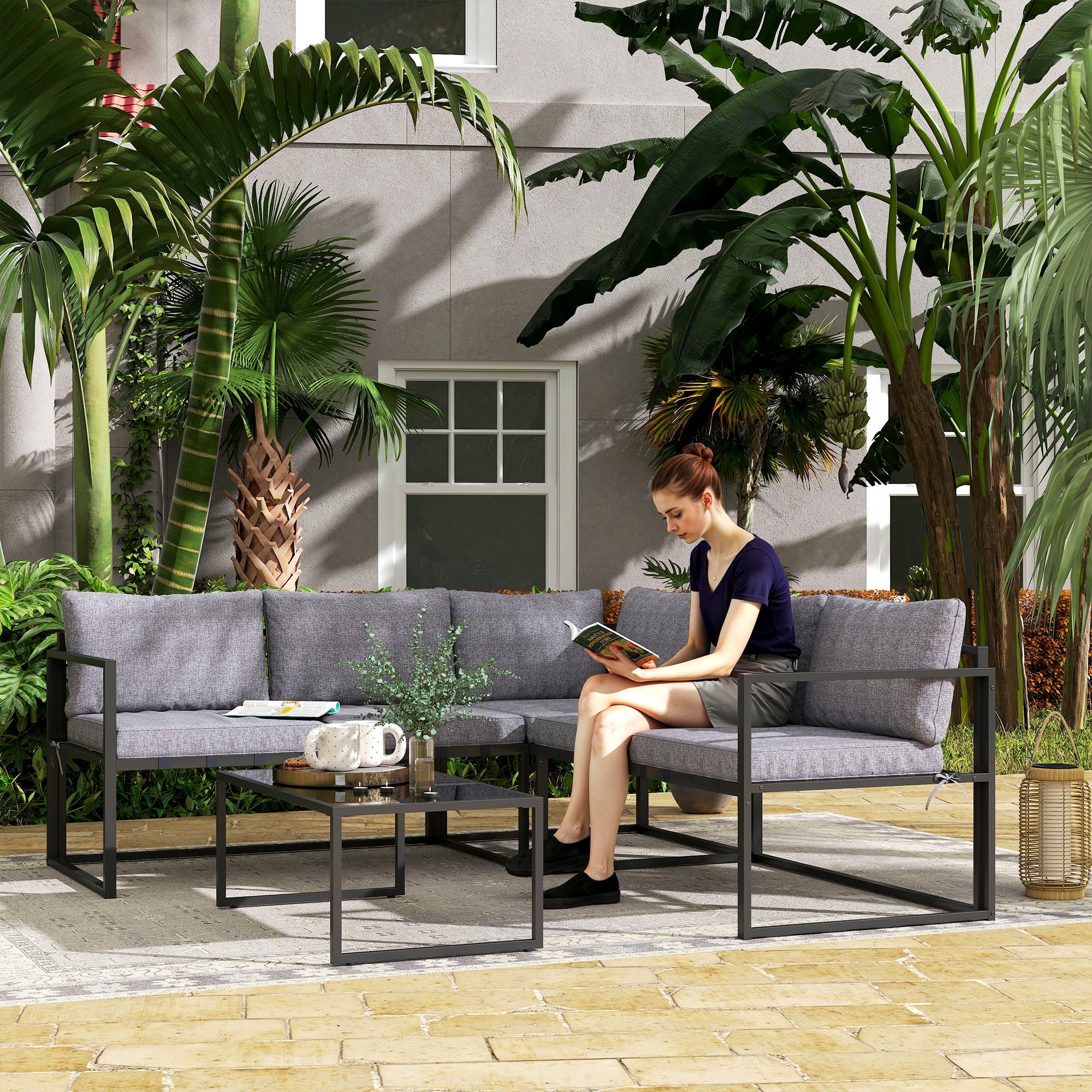 Three-Piece L Shaped Garden Sofa Set with Cushions - Grey