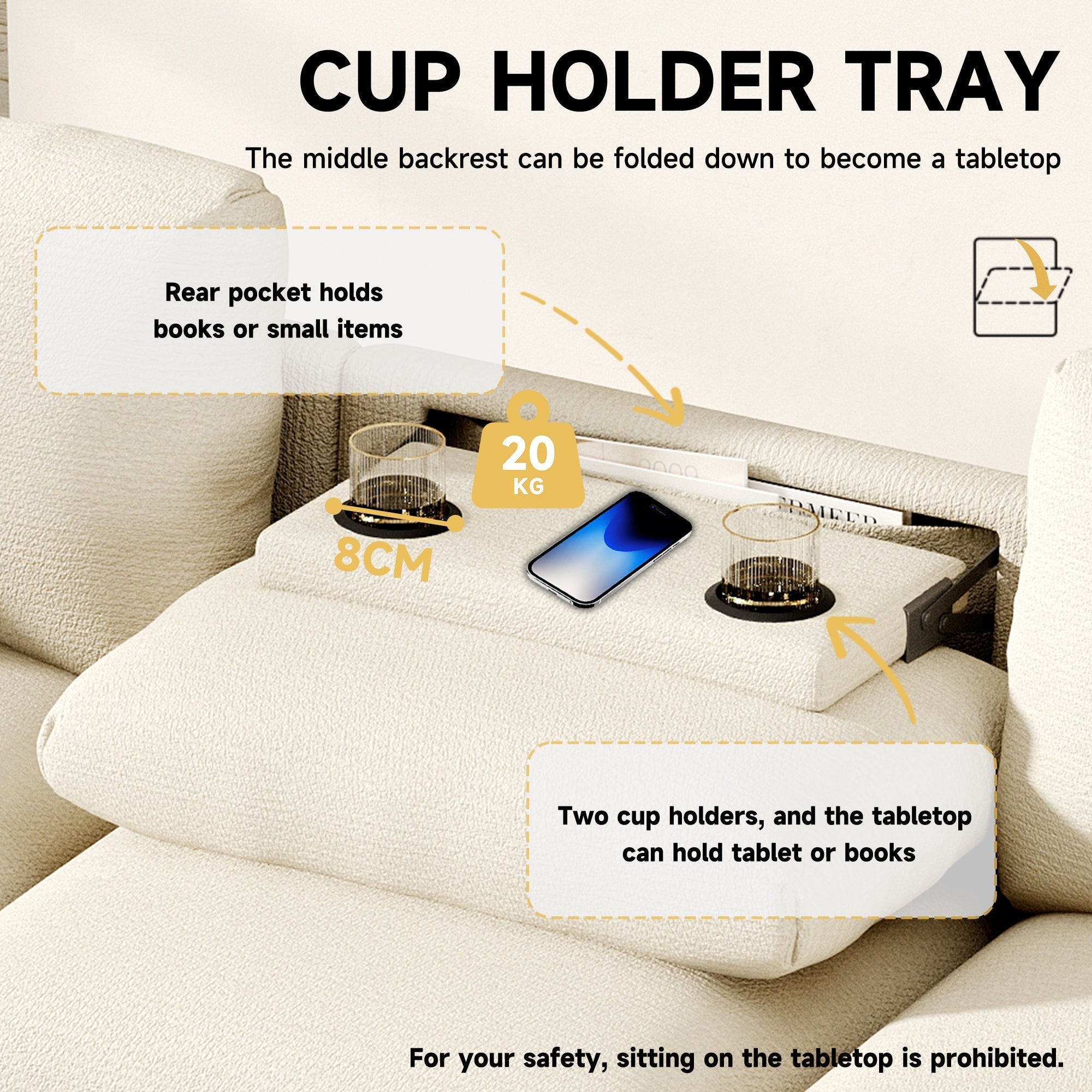 Three-seater Sofa Modern Folding Table USB Port Drink Holder Storage - Chenille