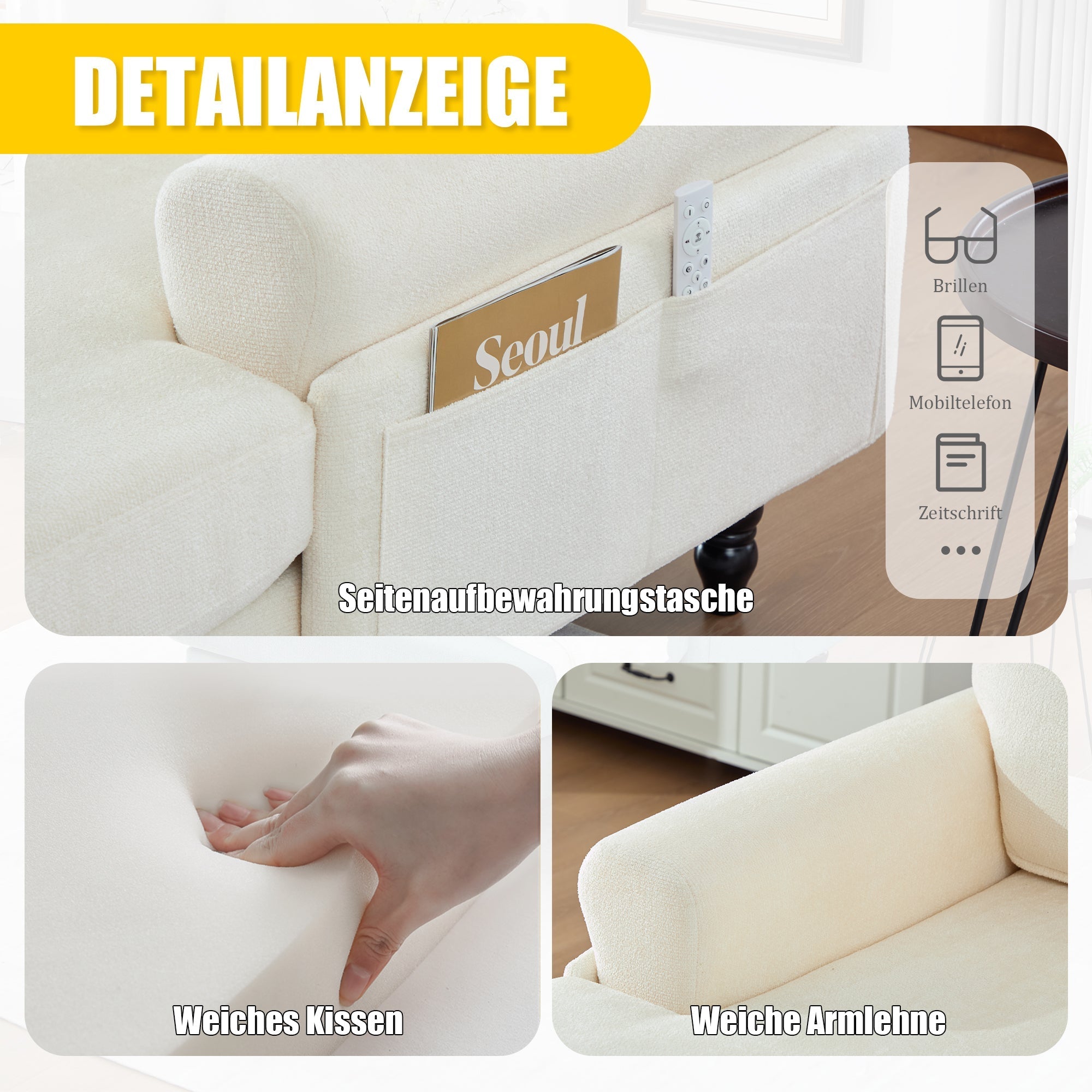 Chenille Fabric Lounger with Side Pockets and Wooden Legs, Modern Minimalist