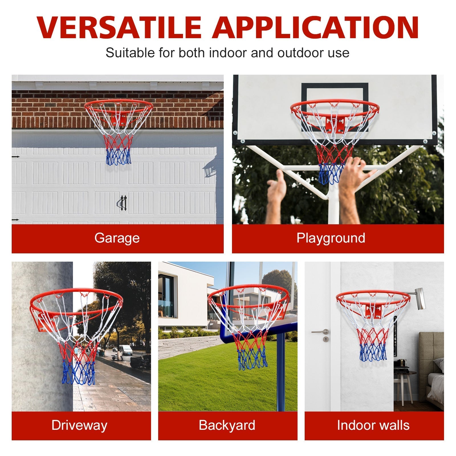 Basketball Rim Replacement, Heavy Duty, Wall/Door Mounted, In-Ground & Wall-Mounted, Red