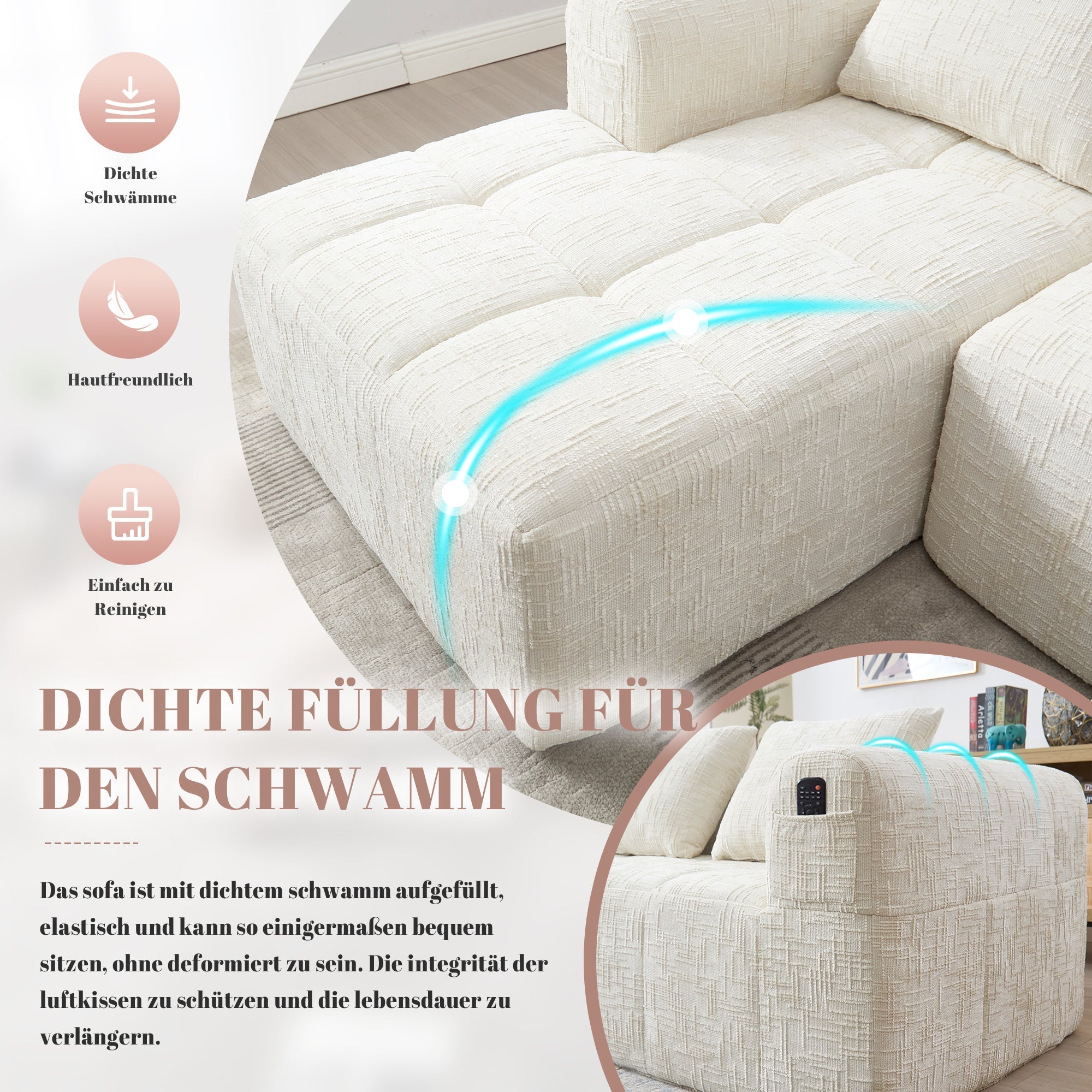 Modern Sectional Sofa, L-Shaped 3-Seater Chaise, No Assembly Chenille Beige