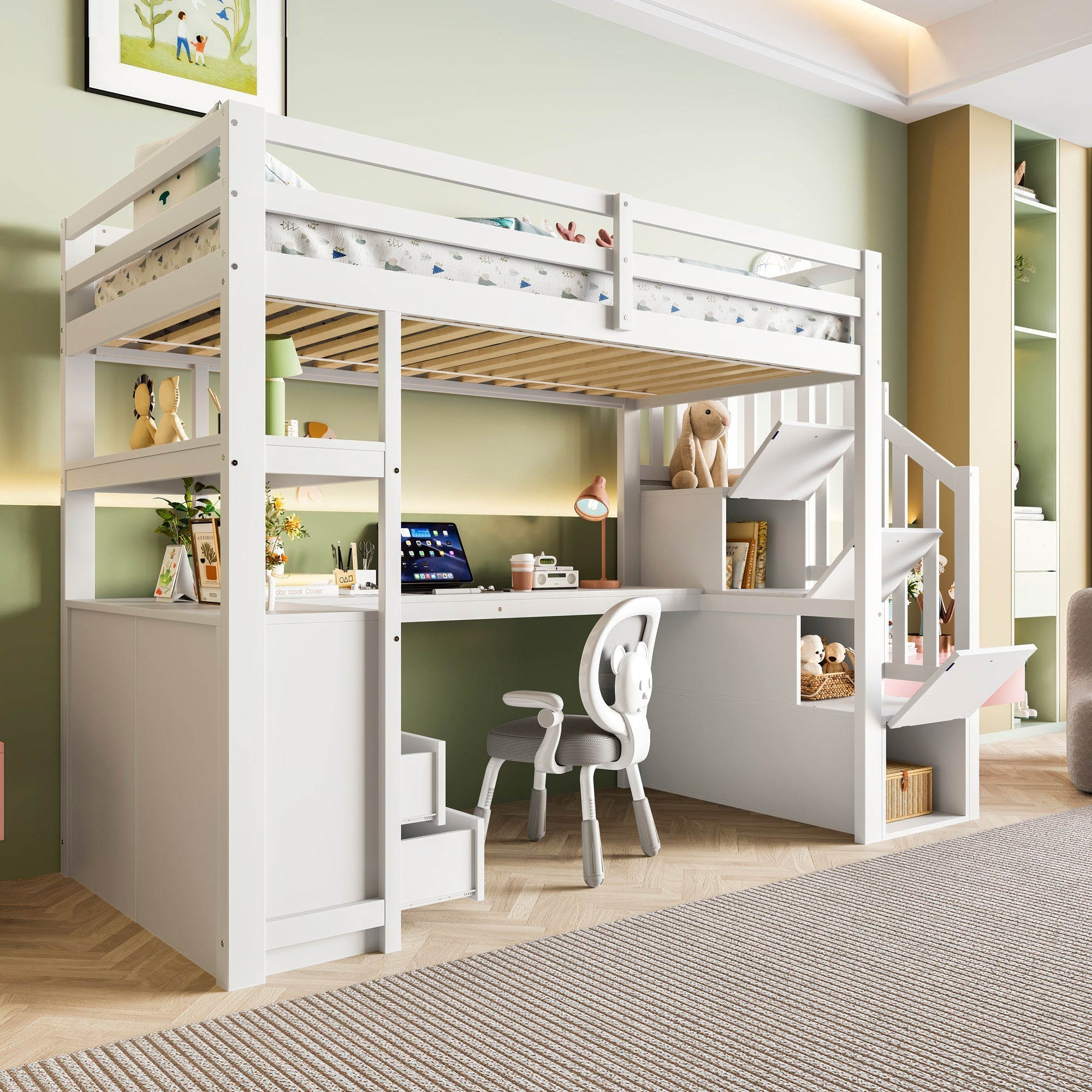 Loft Bed with Integrated Desk and Storage Ladder, 90x200cm, White