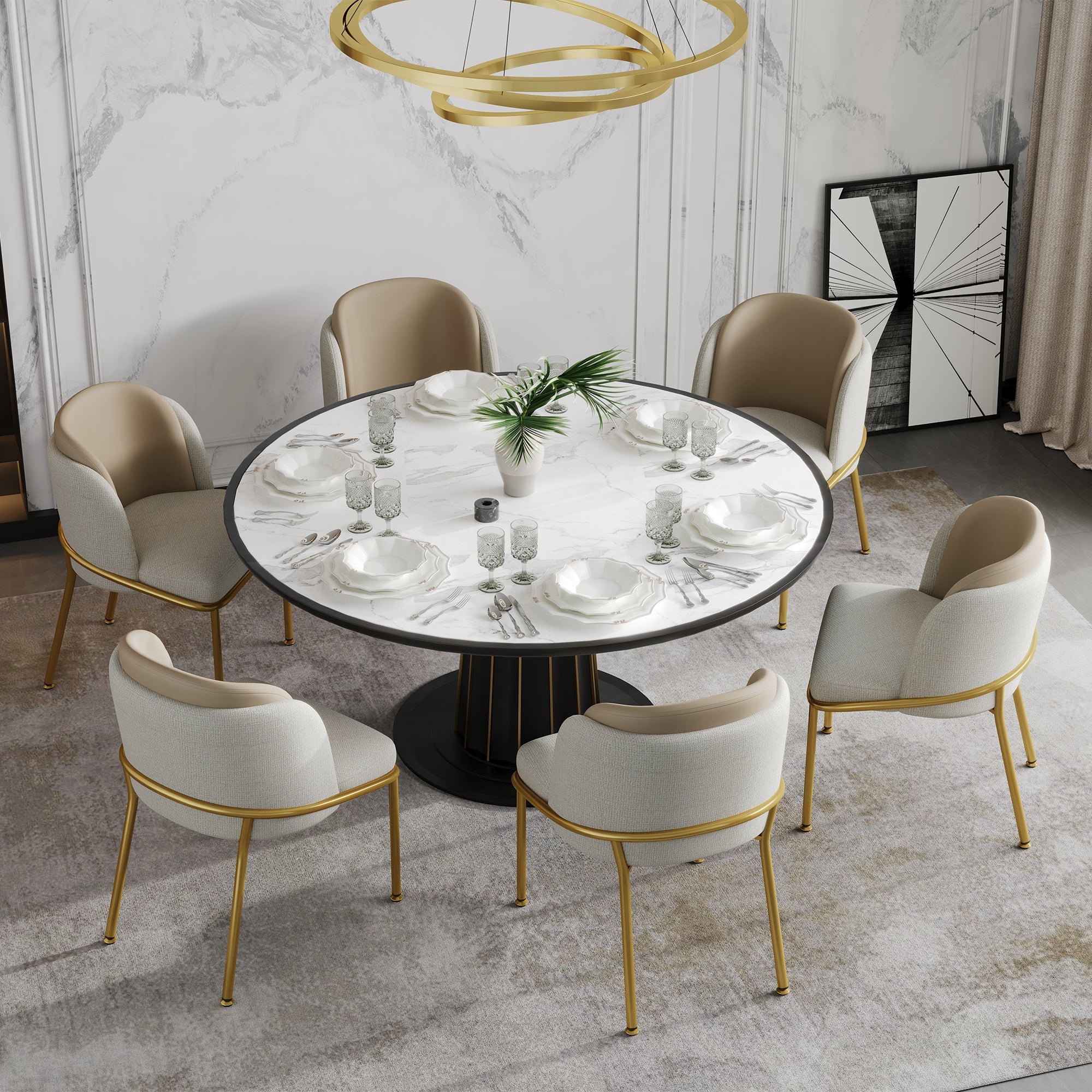 6 Modern Chairs, Angled Legs Adjustable Feet, Beige