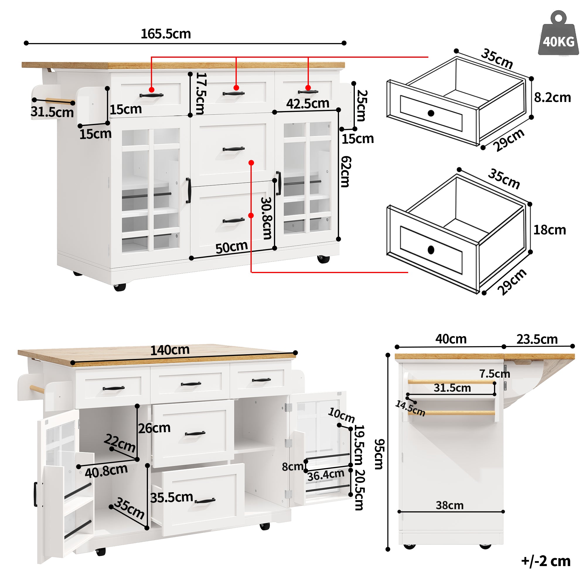 Kitchen Island, Mobile Serving Trolley with 2 Doors, 5 Drawers & Adjustable Shelves, White