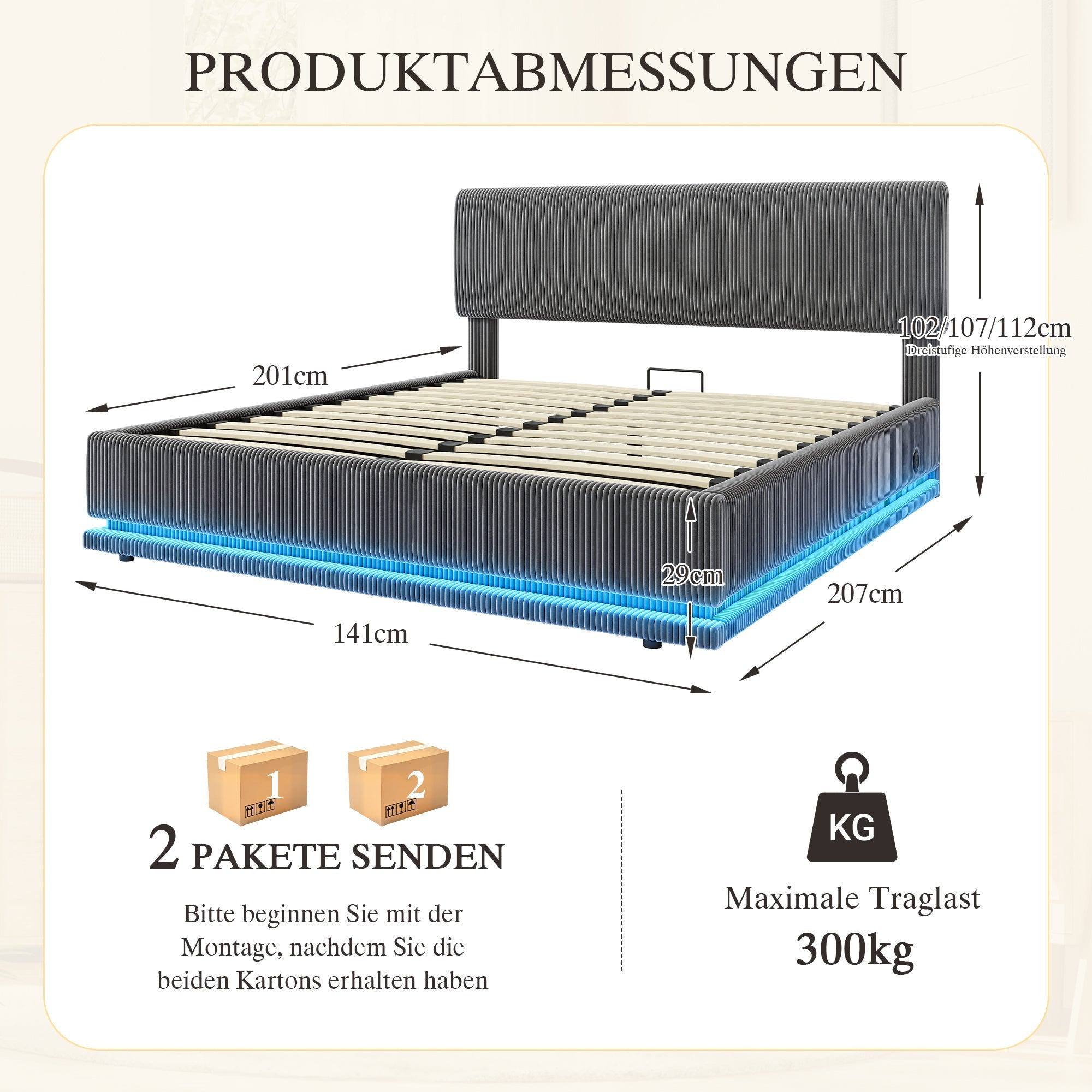 Modern Upholstered Bed with LED Lighting, USB-C Charging and Under-Bed Storage, Gray Corduroy