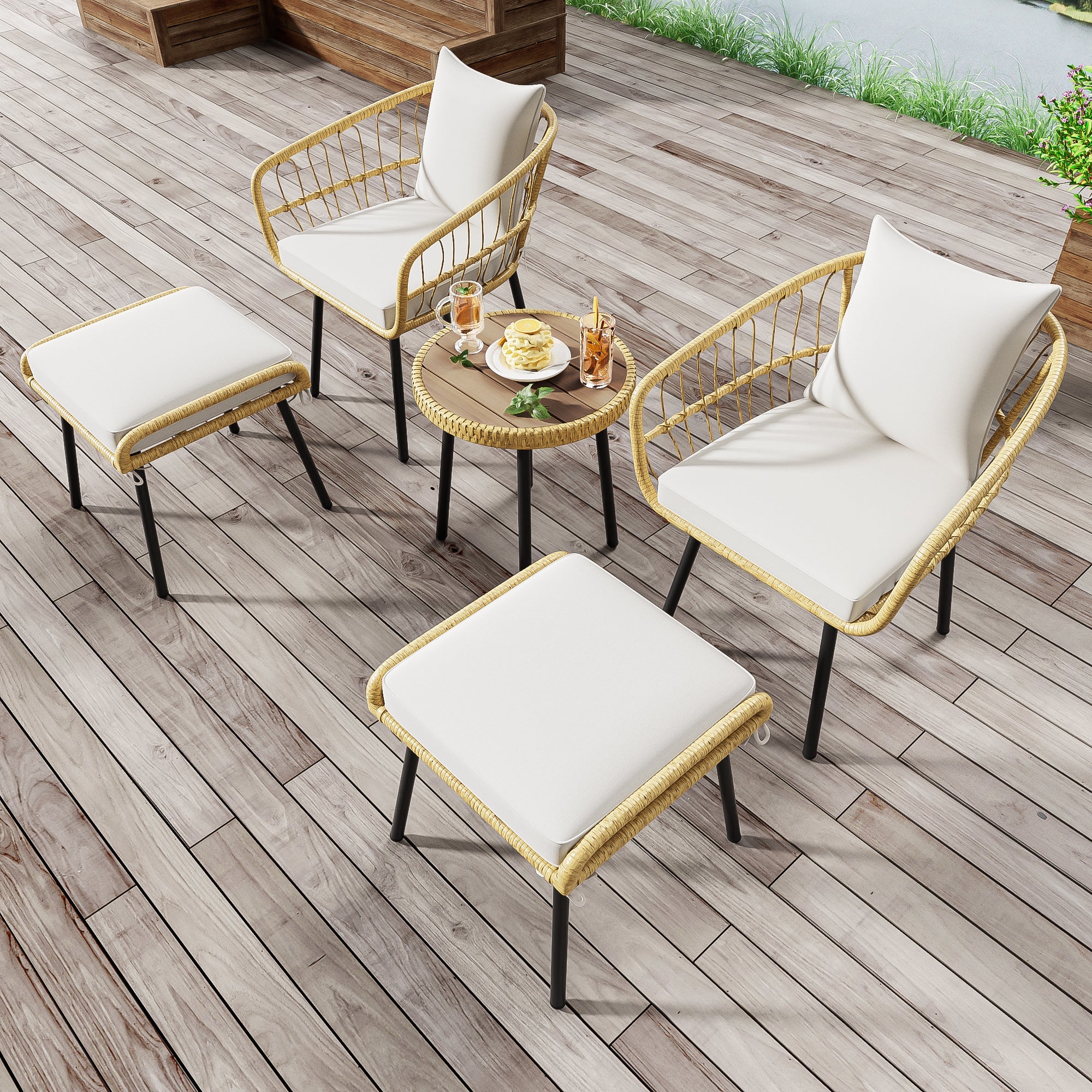 5-Piece Garden Lounge Set 1 Table 2 Chairs 2 Stools - Rattan Natural