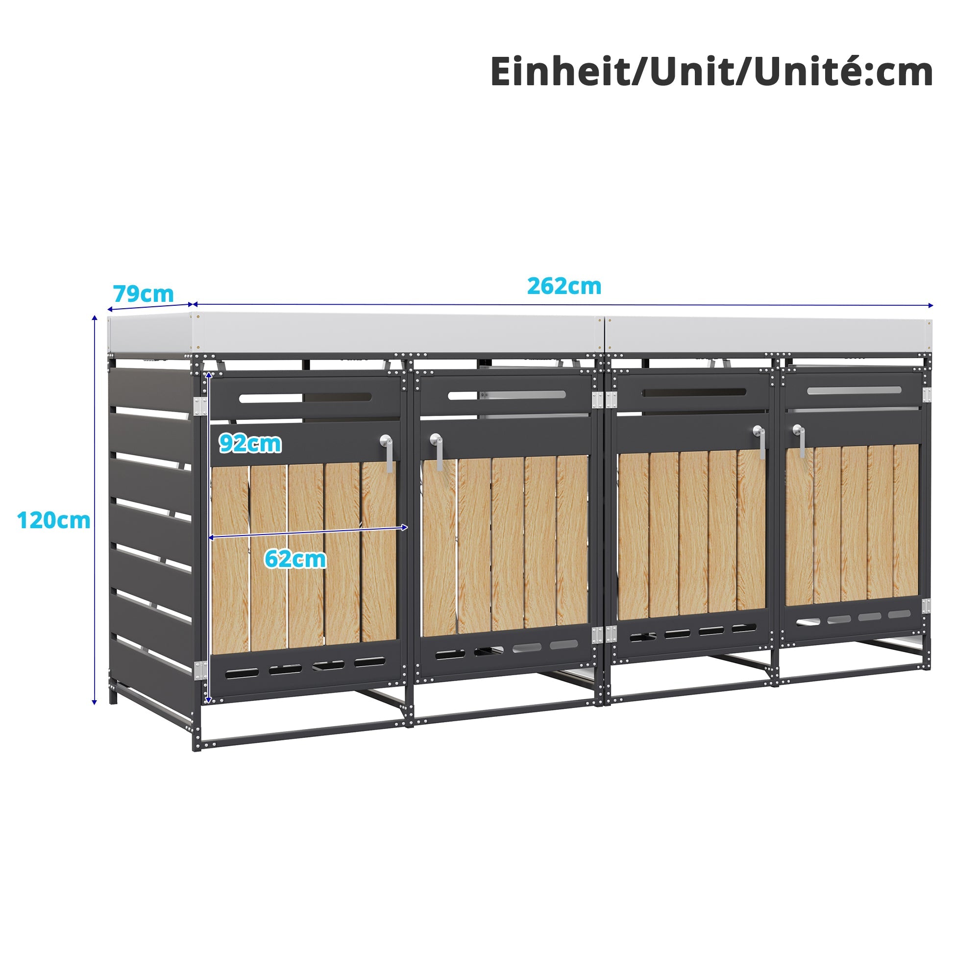 Set of 4 Bin Storage Units with Planter Boxes and Locking Garden Cabinet, Iron with Vertical Wood Grain Panels