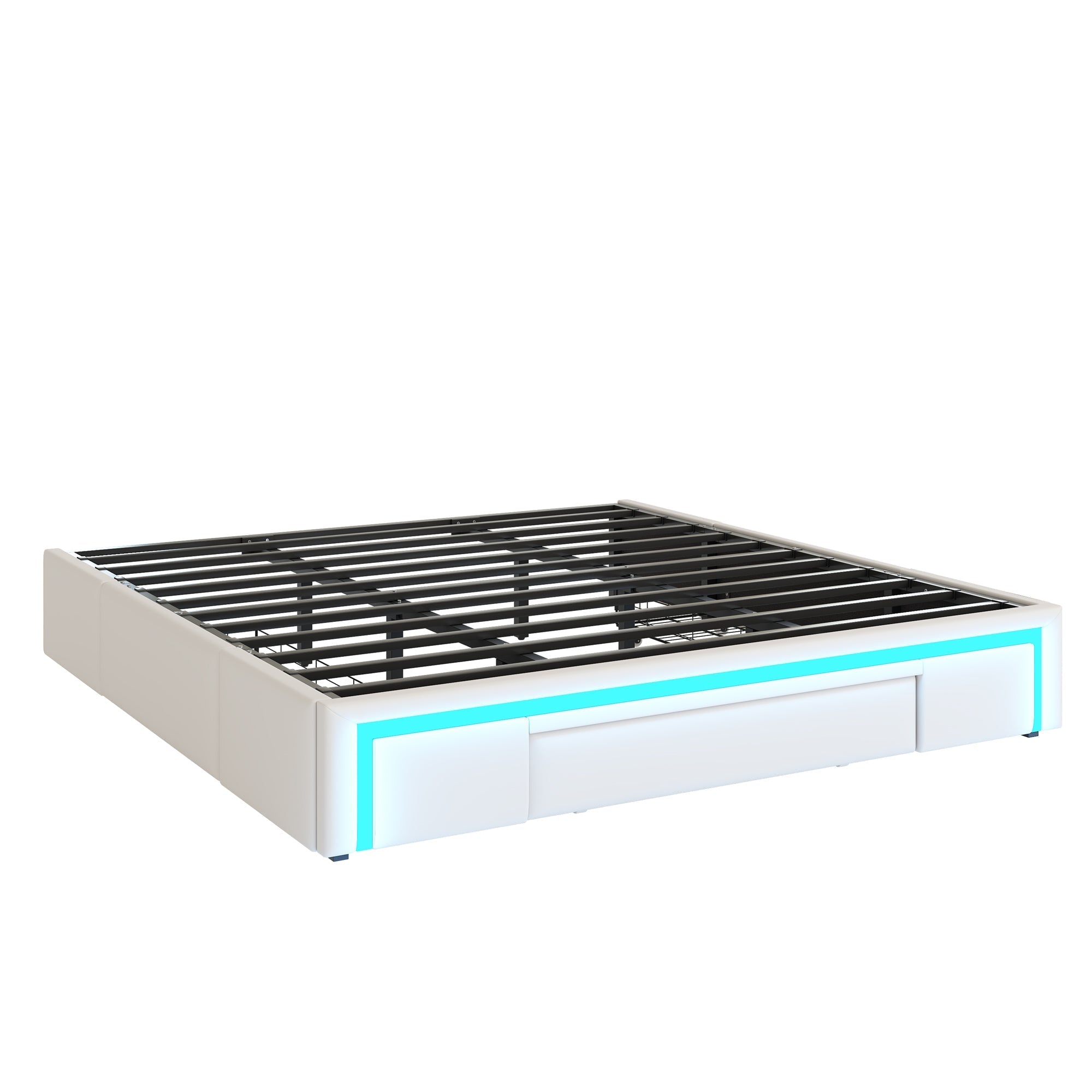 PU-Leder-Bettgestell mit Schubladen und LED-Beleuchtung, Beige/Grau