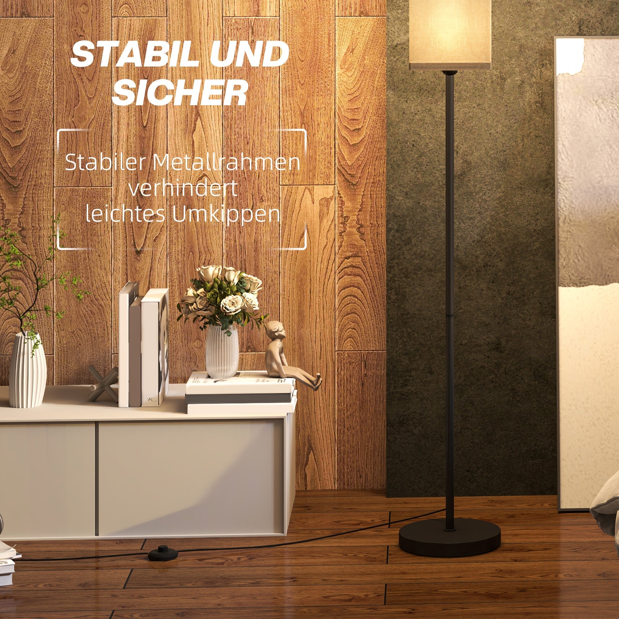 Stehleuchte, Fußschalter, Leinenoptik-Schirm, Schwarz
