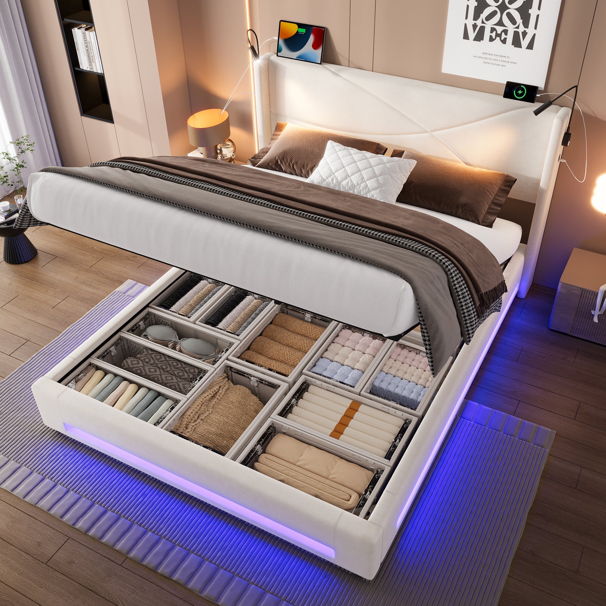 Bed Frame 160x200cm Hydraulic Storage LED/USB Ports Modern Design