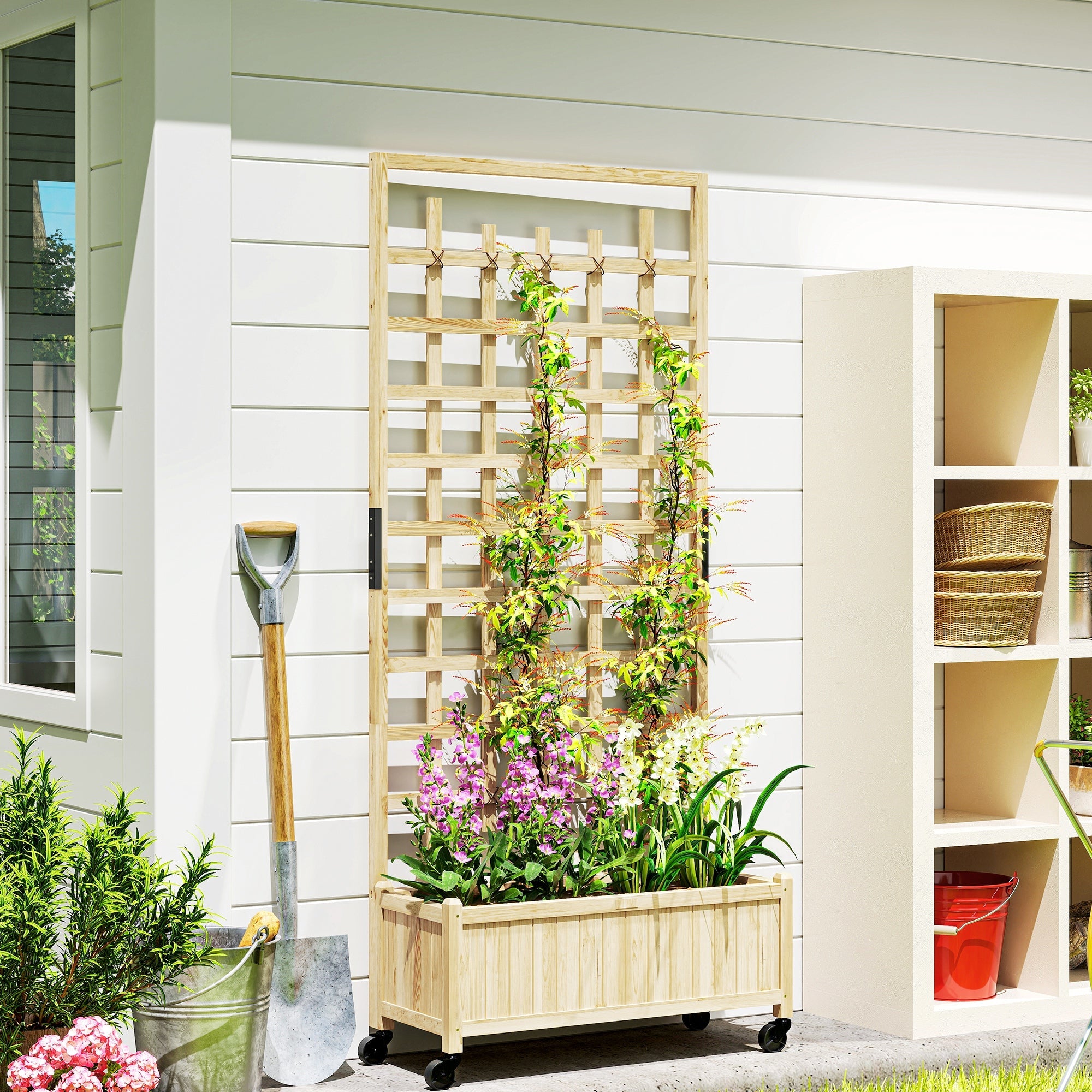 Wooden Trellis Planter, Raised Garden Bed with Wheels, Natural