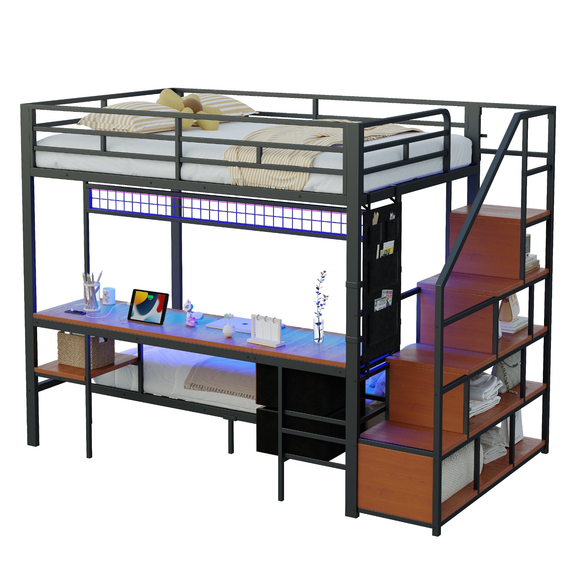 Metal Loft Bunk Bed Multifunctional with Desk LED Light Power Outlets Storage 140x200/90x200 Black