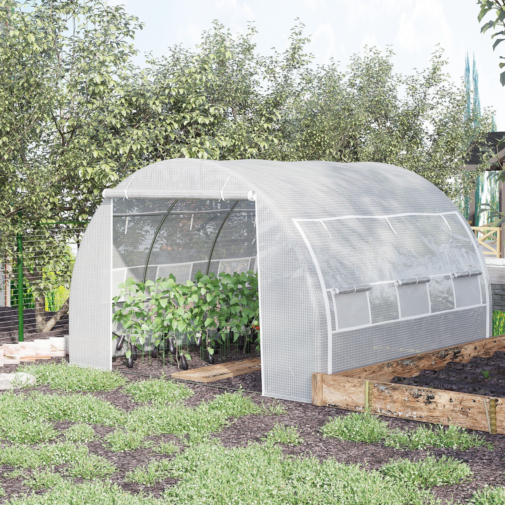 Polytunnel Greenhouse 3x3x2m Walk-in Grow Tent Steel Frame Roll-up Walls White
