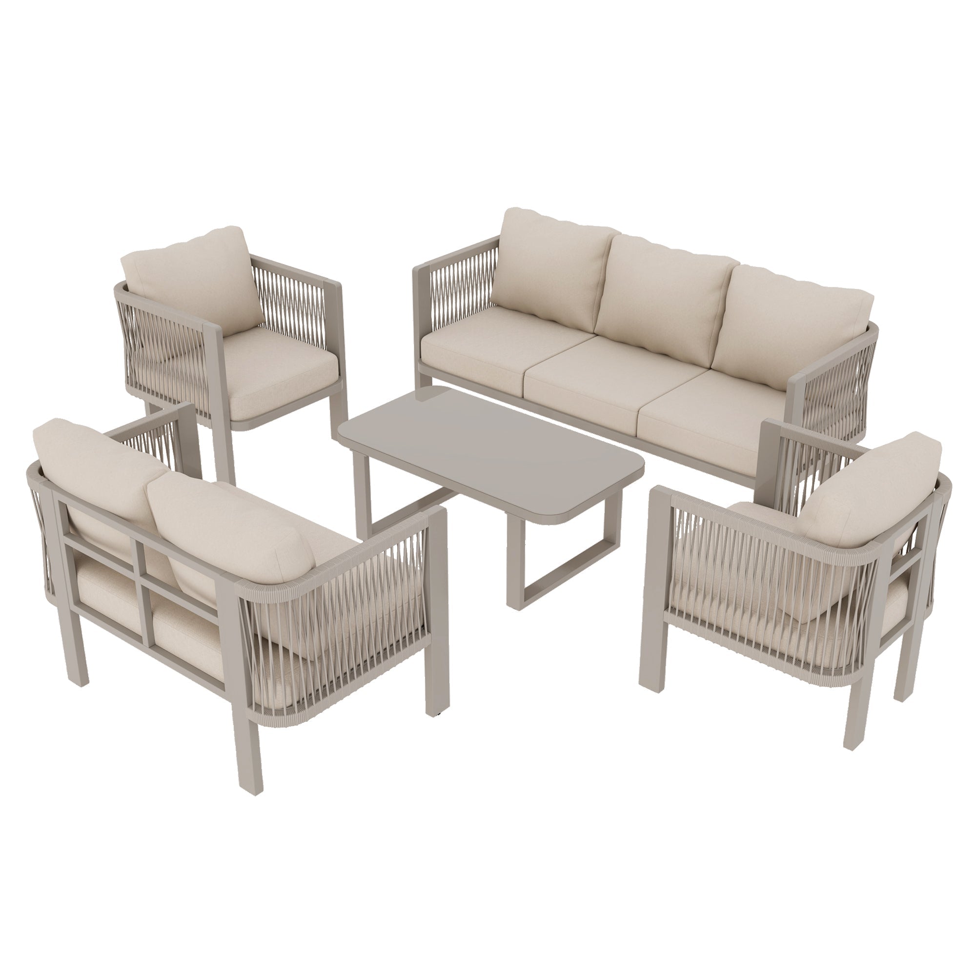 5-Piece Garden Furniture Set with Glass Tabletop and Teslin Rope Weave, Khaki