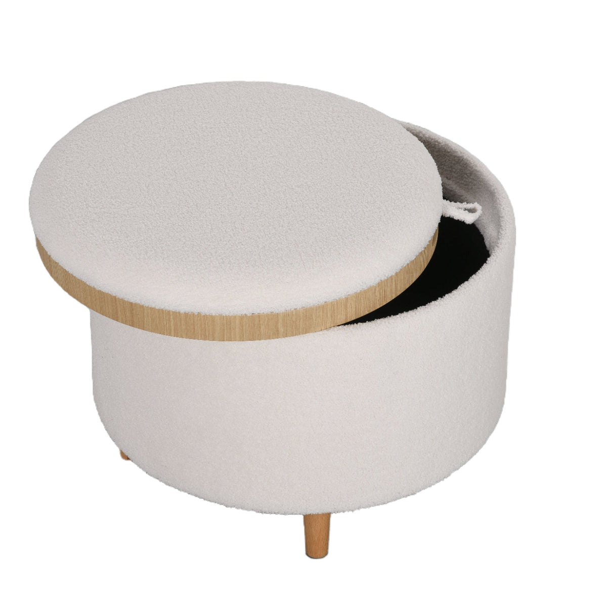 Ottoman Round Upholstered Storage Hinged Lid Wooden Legs, White
