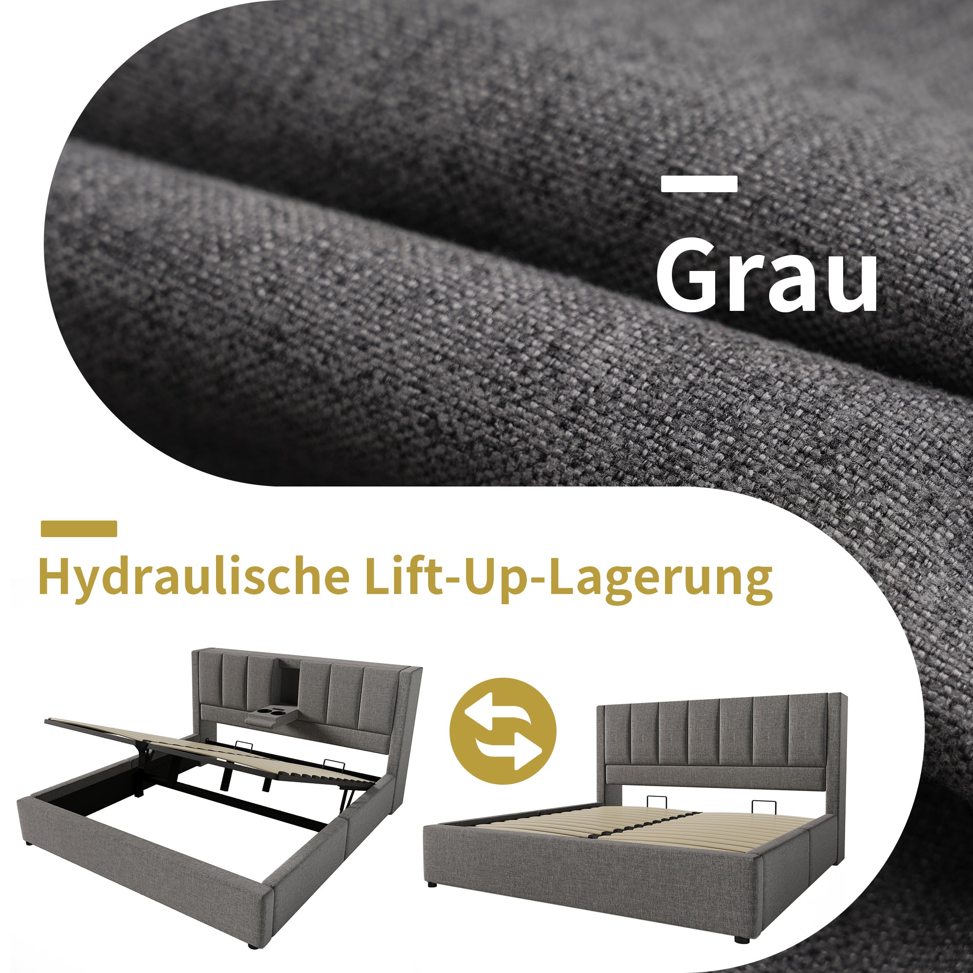 Upholstered Bed 140x200cm Hydraulic Storage with Charging Station and Cup Holder Linen Grey