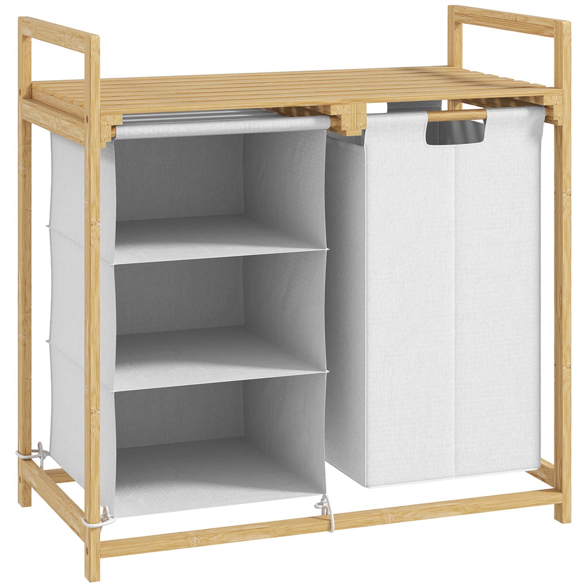 Laundry Basket 4 Compartments, Extendable Bags, 83L, Bamboo White