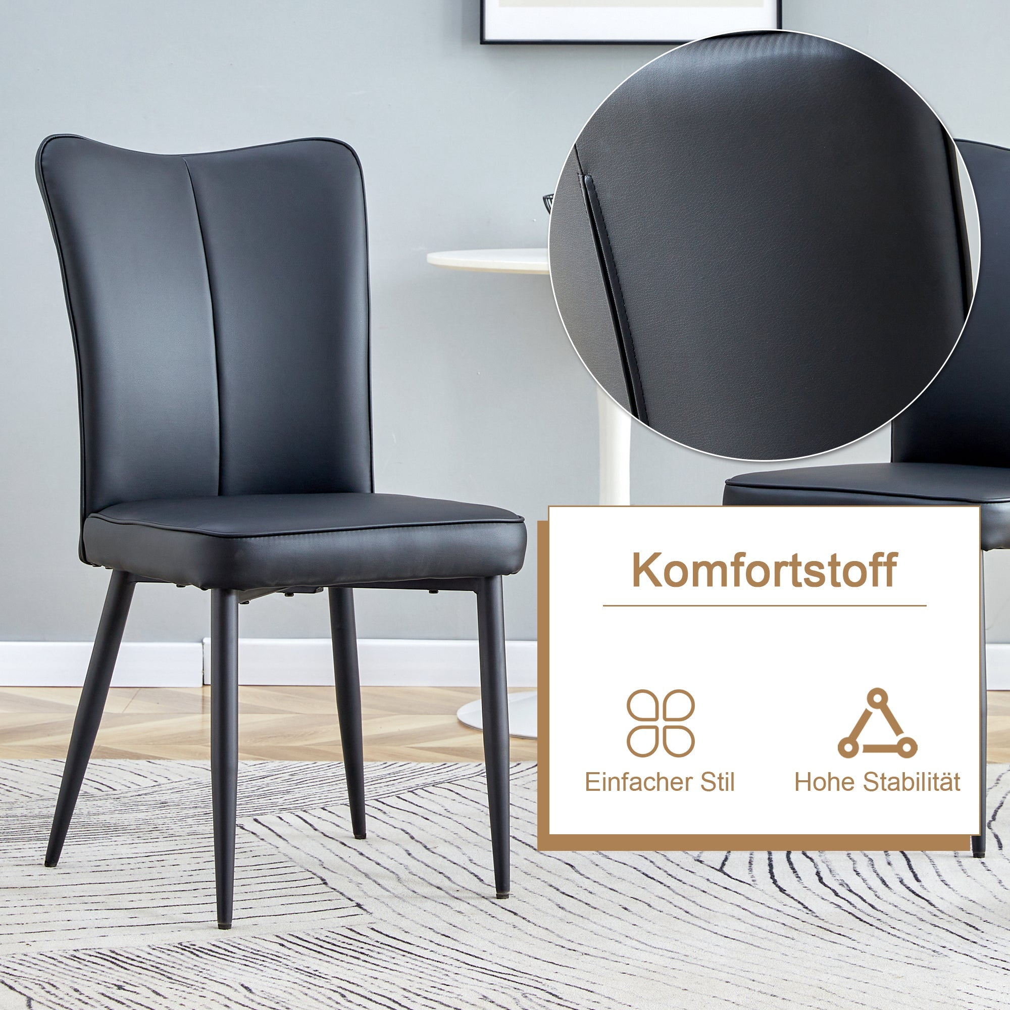 Dining Table Set Round 100cm 4 Chairs - Wood Look/Black PU