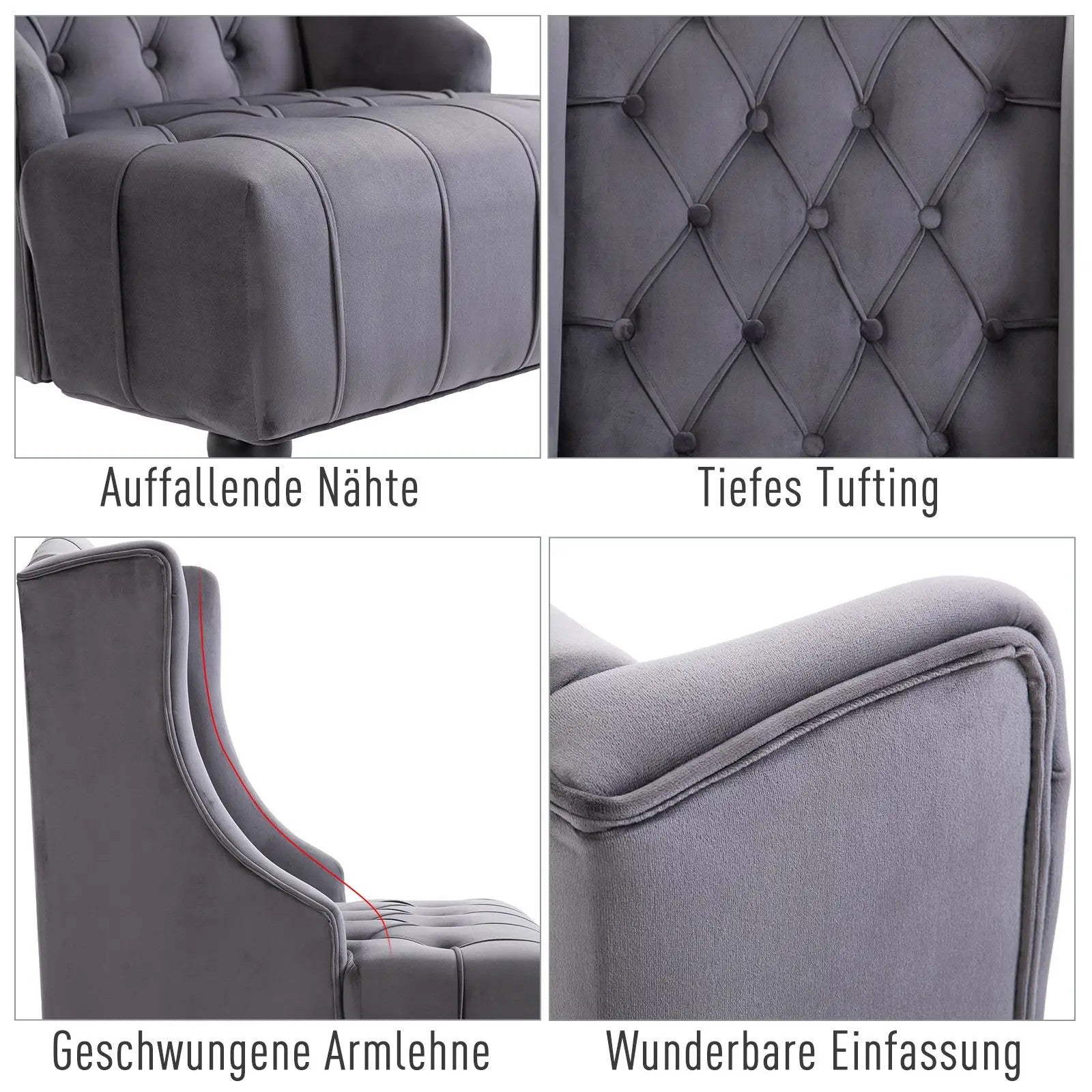 Wingback Chair Recliner, Tufting Raised Legs, Grey Velvet