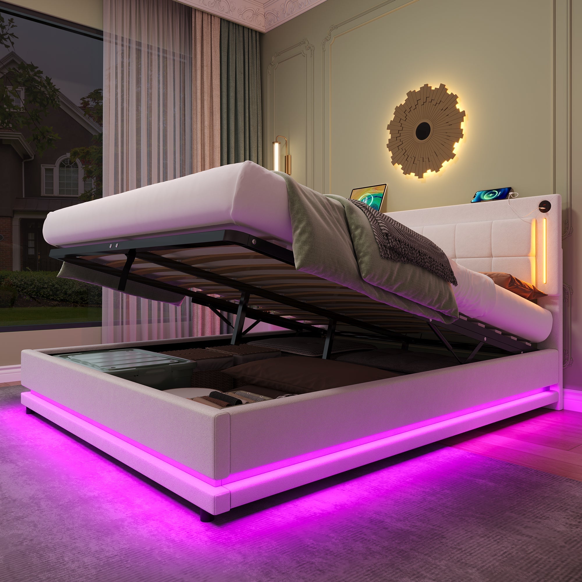 5ft King LED Hydraulic Bed with Charging Station, Adjustable Square Tufted Headboard with Intelligent Control Light, Soft Velvet Bed Frame with USB and Type-C Ports, Beige