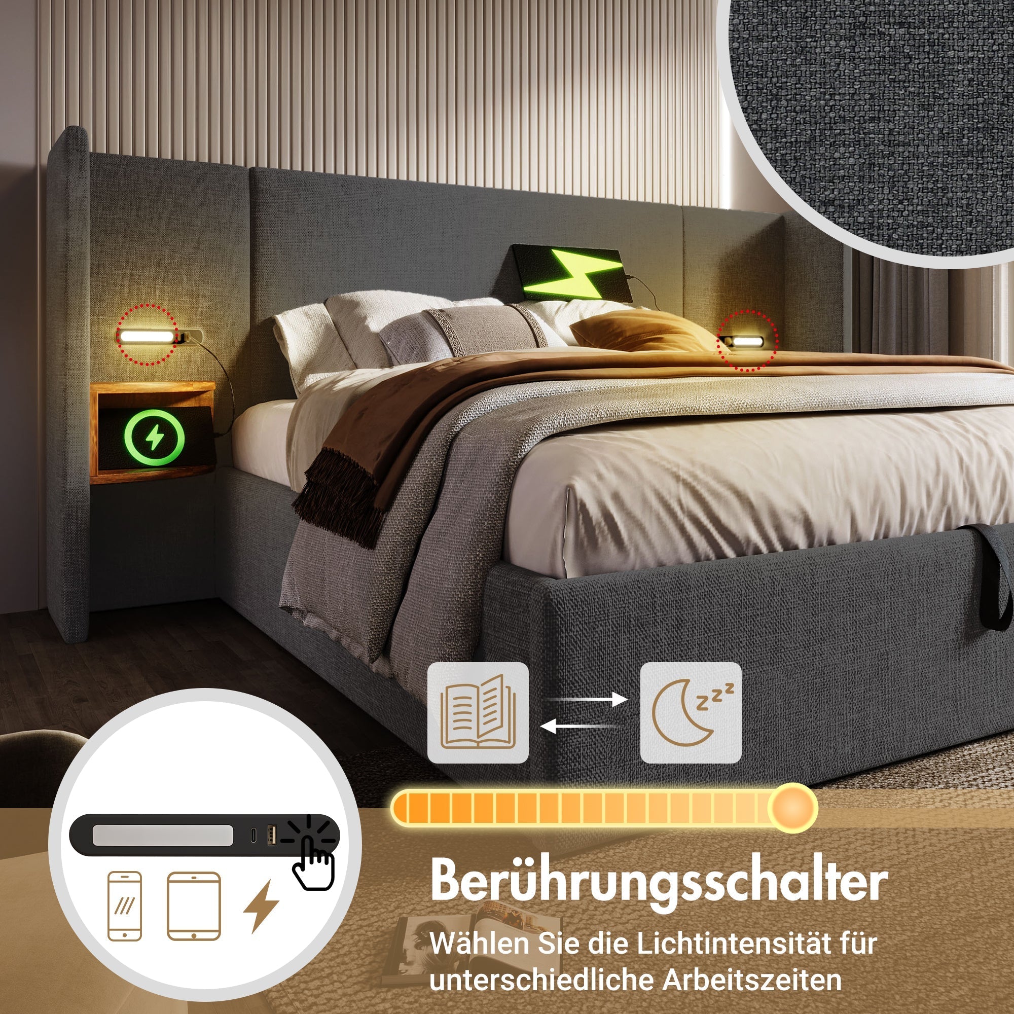 Upholstered Double Bed 180x200 with Bedside Table, Reading Lamp, USB-C Charging, Storage Frame, Solid Wood & Metal, Gray Linen