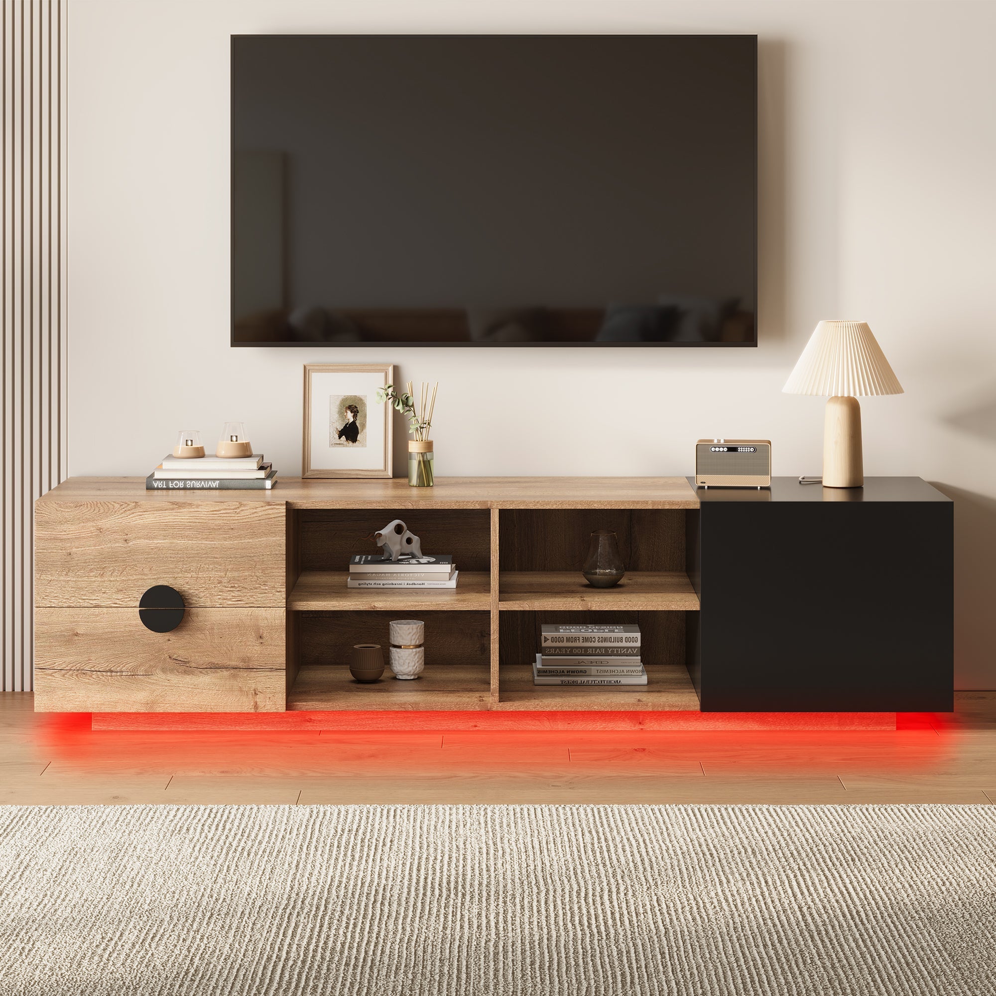 TV Cabinet with Drawer, Open Compartment and LED Lighting, Wood and Black Wood Contrast