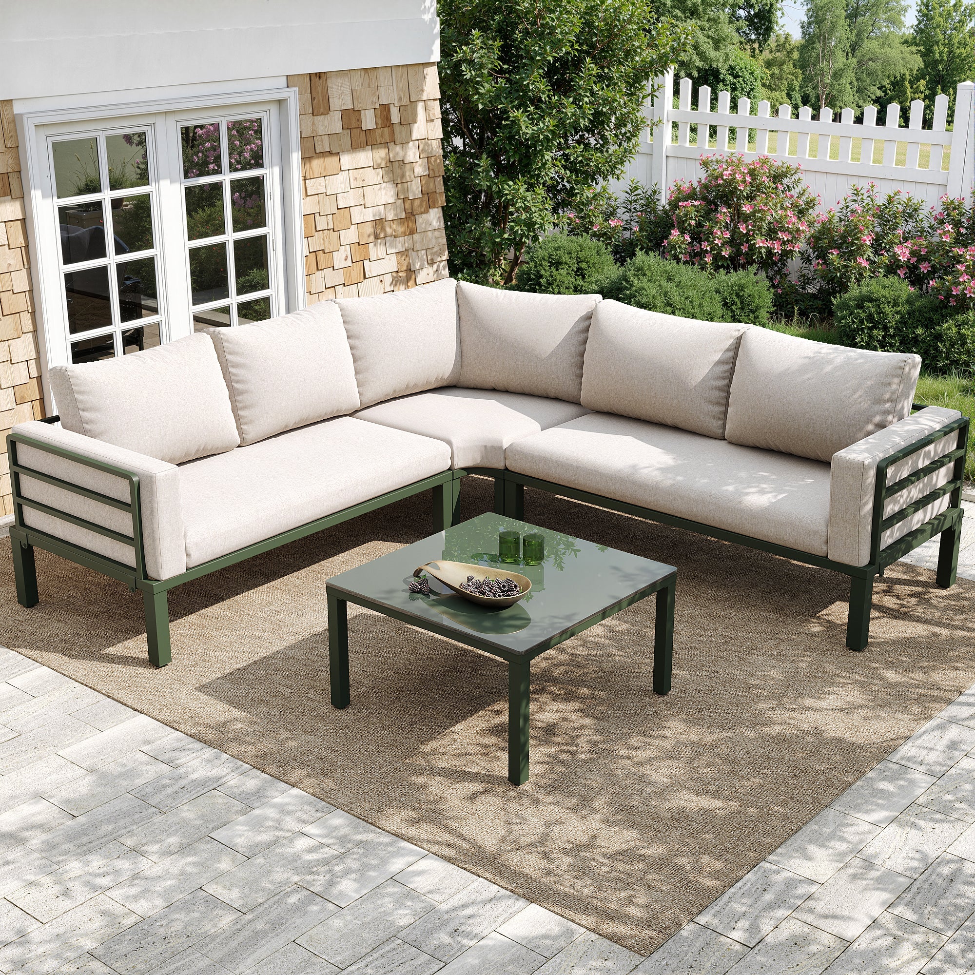 Garden Furniture Set 4-5 Seater with Tempered Glass Coffee Table Adjustable Legs - Green Iron/Beige Cushions